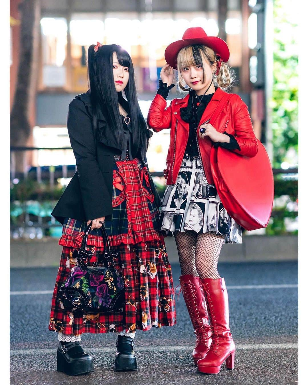 Harajuku Japanさんのインスタグラム写真 - (Harajuku JapanInstagram)「20-year-old Junna (@curejunna_milky) and Japanese idol Roku (@6666nekura4444) on the street in Harajuku wearing a red cowboy hat, layered plaid skirts, and a giant heart bag w/ items by Miho Matsuda, Demonia, Killstar, HellcatPunks, Kera, Sinz, Tokyo vintage/resale shops, and Yosuke.」5月24日 16時15分 - tokyofashion