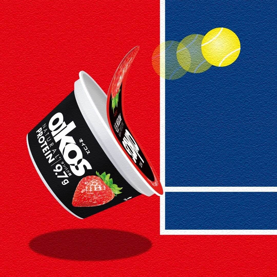 オイコスのインスタグラム：「OIKOS meets sports❗#01 Tennis . サーブします。みんなのお口に。 . オイコスが、スポーツを楽しむ人のためにリニューアル❗高タンパク質・脂肪ゼロのおいしさを、みんなのお口にお届けします 🎾👍 . illustration by @_oryel_ . #オイコス #ジブン追い越す #oikos #ヨーグルト #ギリシャヨーグルト #protein  #プロテイン #タンパク質 #高タンパク  #sports  #スポーツ  #fitness #フィットネス #gym #ジム #exercise #エクササイズ  #Tennis #テニス」