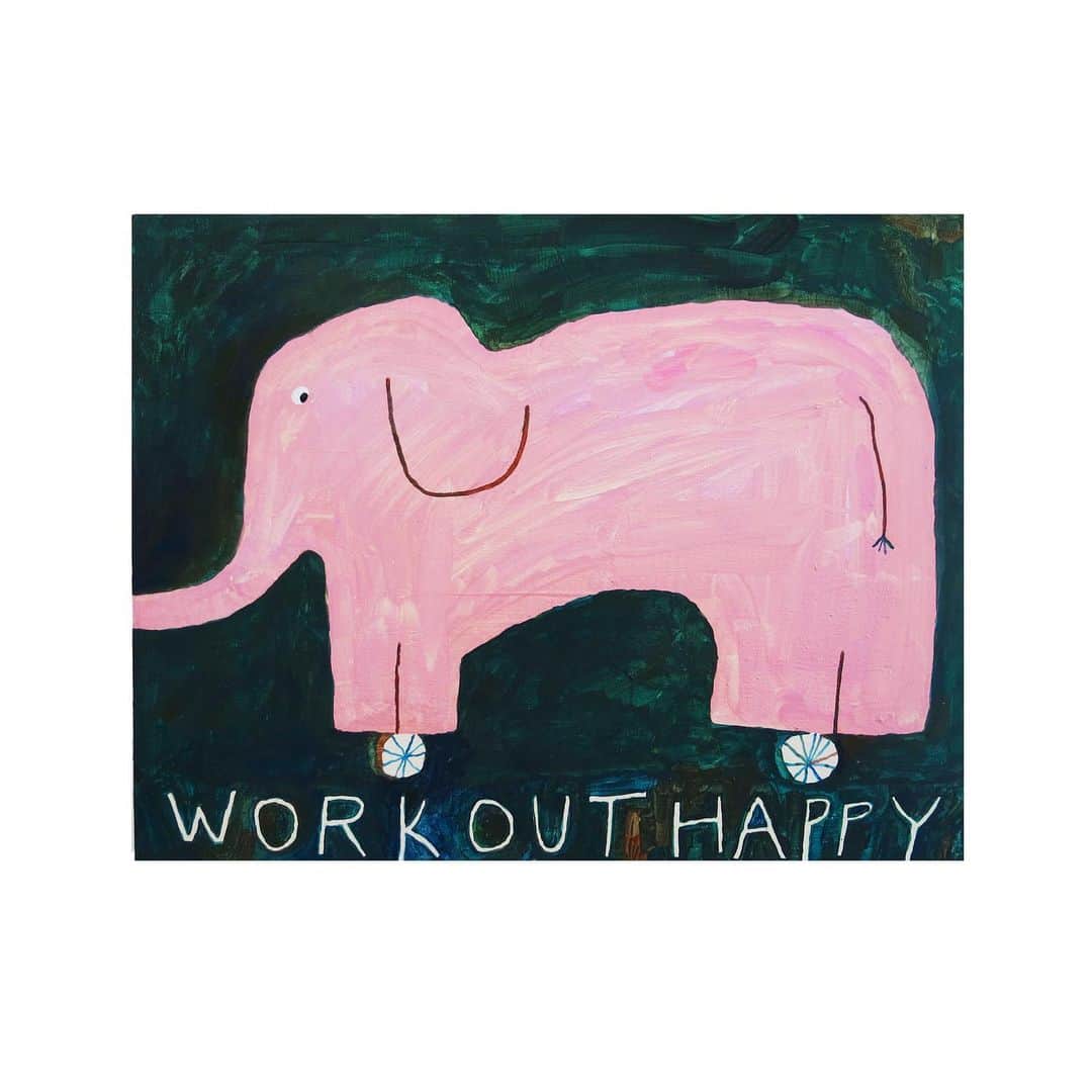 Mogu Takahashiのインスタグラム：「Work out happy 530x445mm Gouache on wood / 2019 Sold ————— #mogutakahashi #alittlehatonyou」
