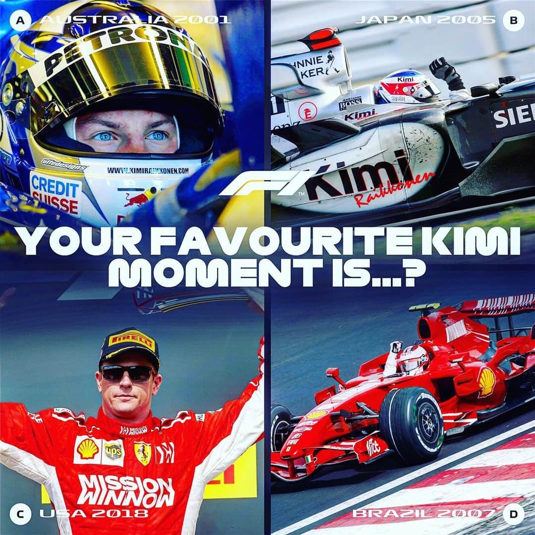 F1さんのインスタグラム写真 - (F1Instagram)「A: Points finish on F1 debut 🇦🇺 .  B: Wins from P17 on the grid 🇯🇵 .  C: His most recent F1 win 🇺🇸 .  D: Clinches the world title 🇧🇷 .  Time to cast your vote for your favourite Kimi moment, as he prepares for his 300th F1 race 😎🔠 .  #F1 #Formula1 #MonacoGP #KimiRaikkonen #Kimi300 @kimimatiasraikkonen」5月24日 22時11分 - f1