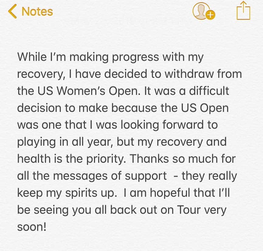 ミシェル・ウィーさんのインスタグラム写真 - (ミシェル・ウィーInstagram)「🚨US Open Official Statement🚨 While I’m making progress with my recovery, I have decided to withdraw from the US Women’s Open. It was a difficult decision to make because the US Open was one that I was looking forward to playing in all year, but my recovery and health is the priority. Thanks so much for all the messages of support - they really keep my spirits up.  I am hopeful that I’ll be seeing you all back out on Tour very soon! ❤️, Michelle」5月24日 22時42分 - michellewiewest