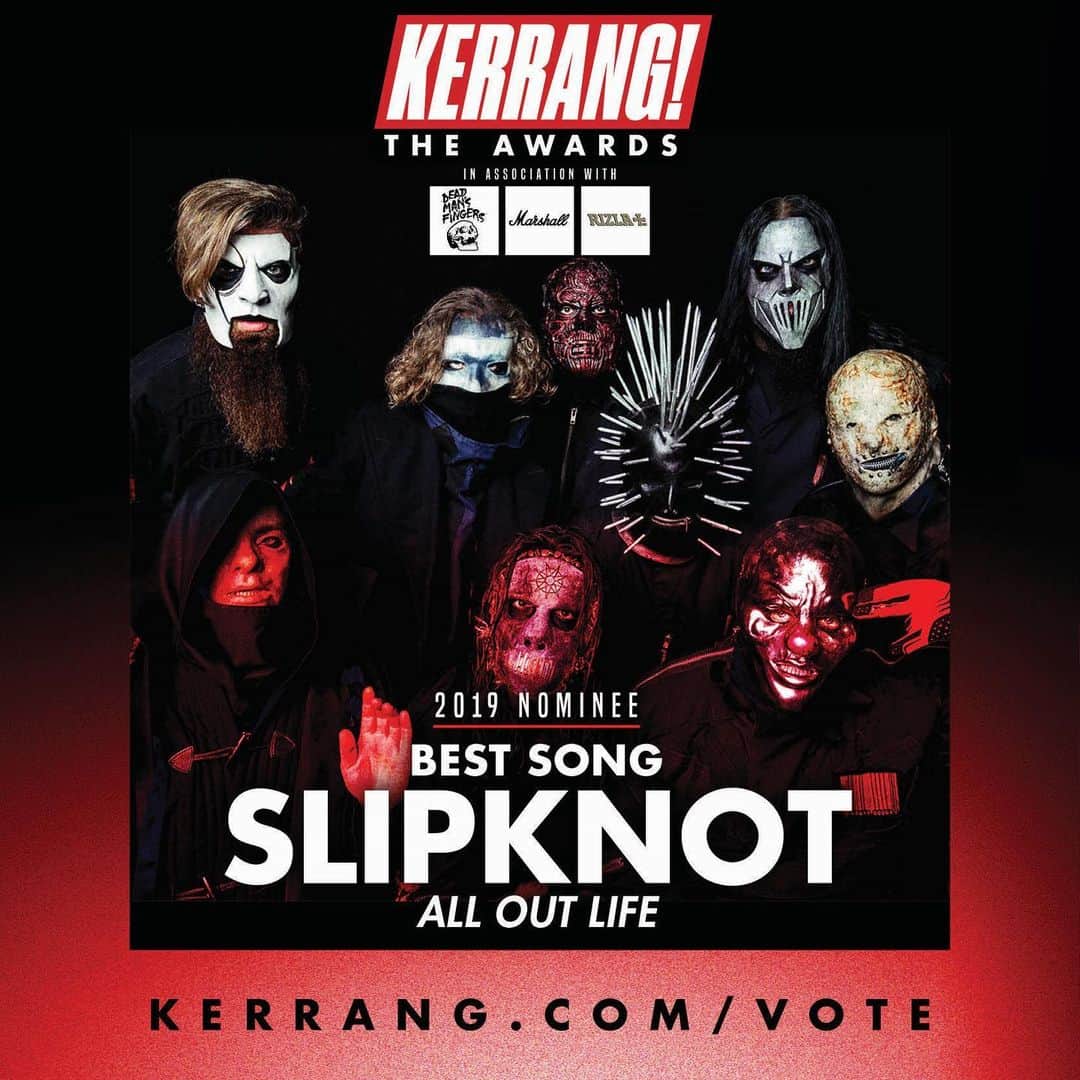 Slipknotさんのインスタグラム写真 - (SlipknotInstagram)「We’re nominated for 'Best International Act’ and ‘Best Song' (#AllOutLife) in the @kerrangmagazine_ Awards. Vote now at kerrang.com/vote | Link in story」5月24日 23時10分 - slipknot