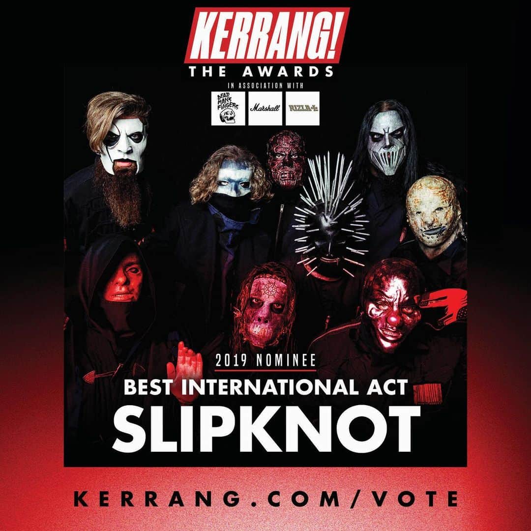 Slipknotさんのインスタグラム写真 - (SlipknotInstagram)「We’re nominated for 'Best International Act’ and ‘Best Song' (#AllOutLife) in the @kerrangmagazine_ Awards. Vote now at kerrang.com/vote | Link in story」5月24日 23時10分 - slipknot
