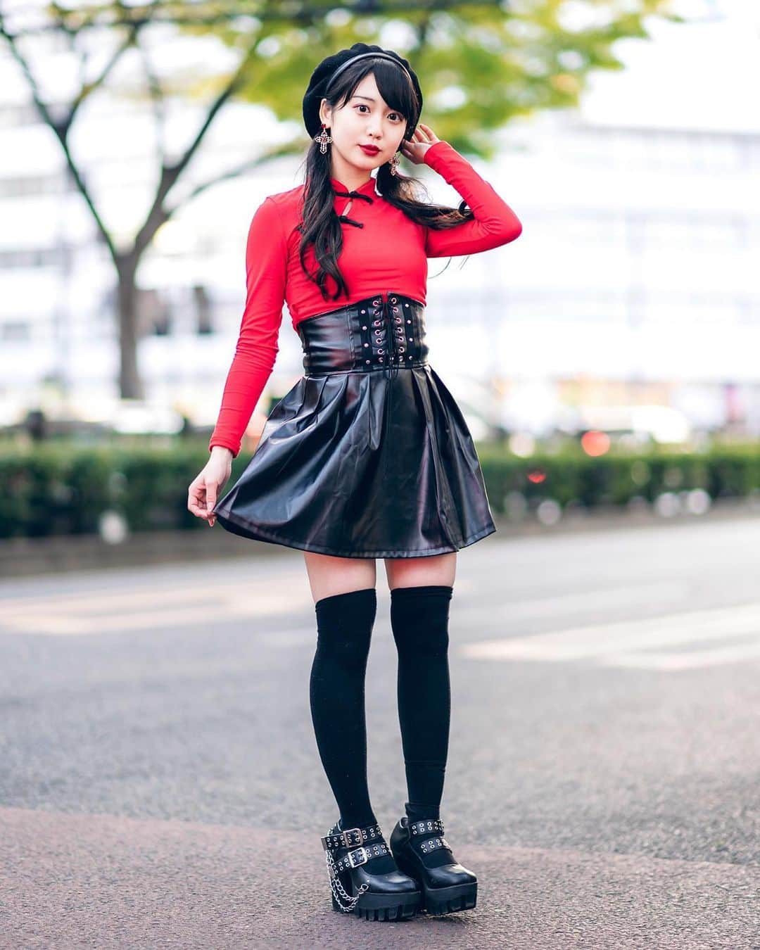 Harajuku Japanさんのインスタグラム写真 - (Harajuku JapanInstagram)「Aspiring Japanese idol - and Harajuku shop staffer - Misuru (@meguharajuku) on the street in Harajuku wearing a cheongsam style top with a faux leather corset top skirt, WEGO Harajuku over-the-knee socks, Yosuke platforms, and a Listen Flavor Harajuku beret.」5月25日 0時02分 - tokyofashion