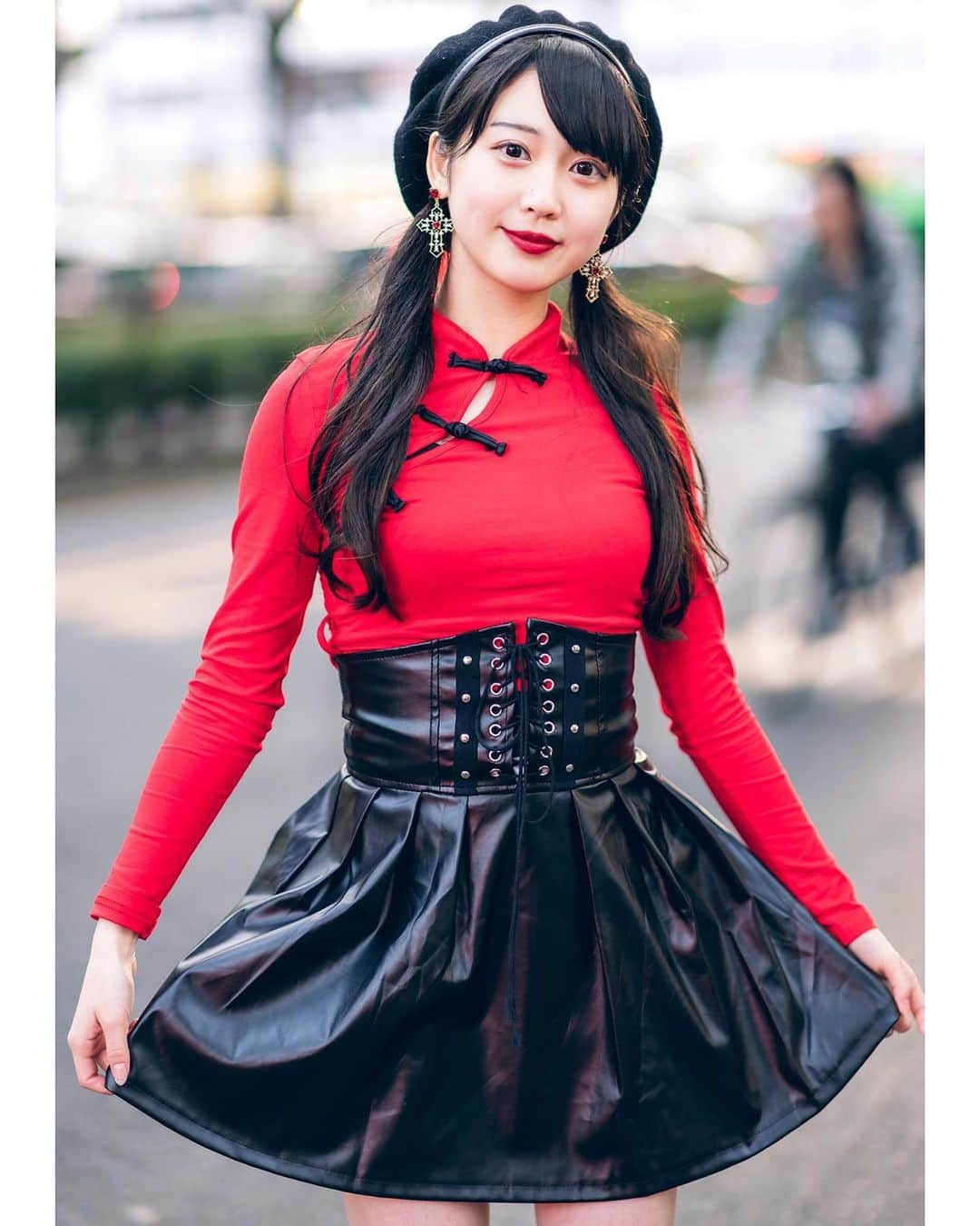 Harajuku Japanさんのインスタグラム写真 - (Harajuku JapanInstagram)「Aspiring Japanese idol - and Harajuku shop staffer - Misuru (@meguharajuku) on the street in Harajuku wearing a cheongsam style top with a faux leather corset top skirt, WEGO Harajuku over-the-knee socks, Yosuke platforms, and a Listen Flavor Harajuku beret.」5月25日 0時02分 - tokyofashion