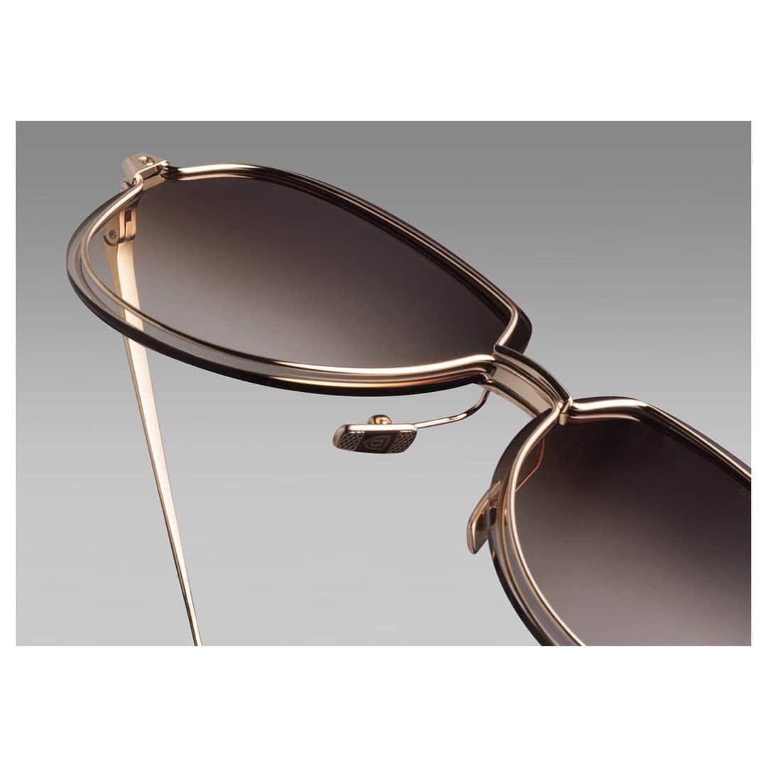 ディタのインスタグラム：「The Nightbird-Series dual-frame construction gently cradles the lens between thin titanium wire, creating a distinct design language for the three frames in the series. Seen here is the Nightbird-Three in Gold — tap for link #DITA #DITAeyewear #DITAsunglasses」