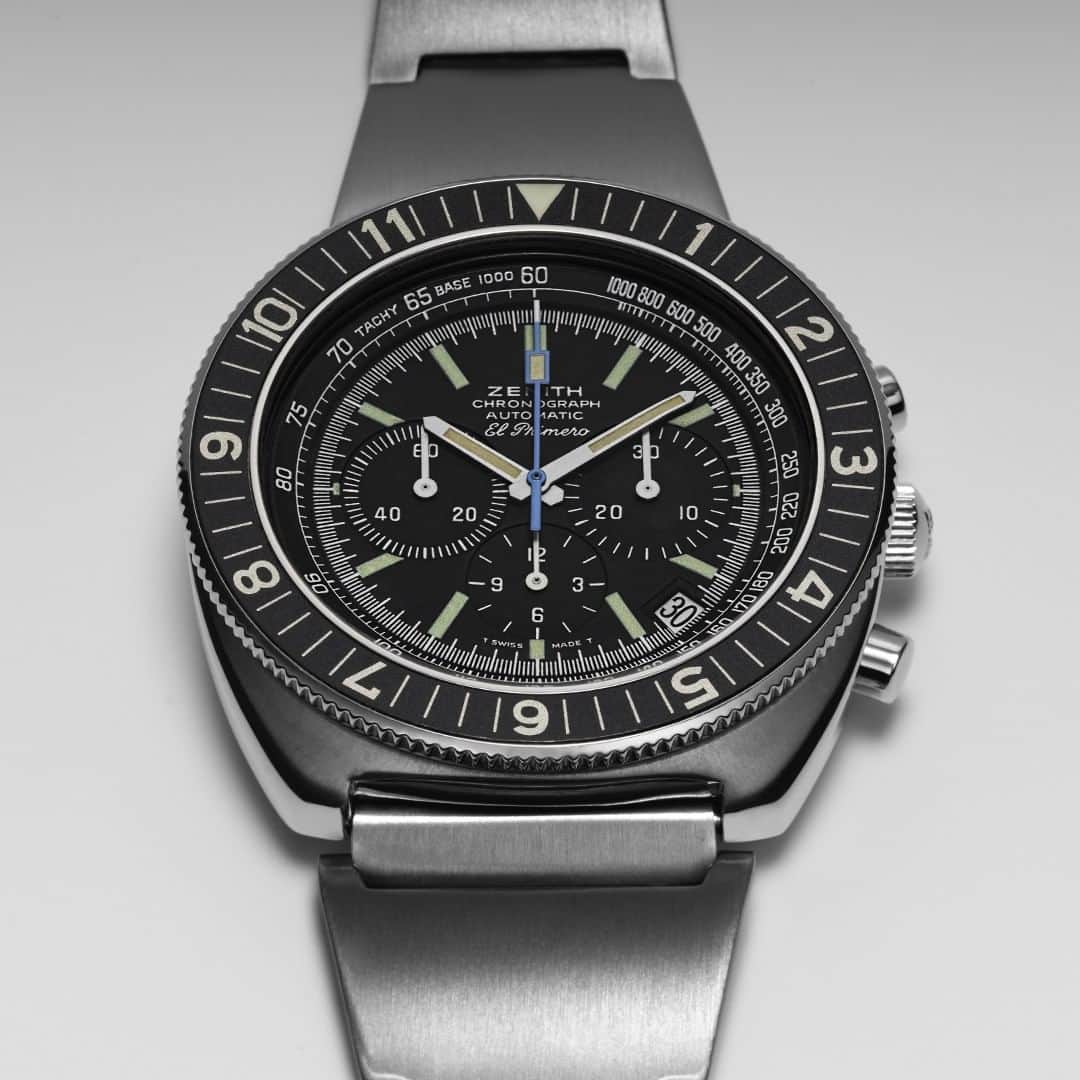 のインスタグラム：「#ElPrimero50: From far above the clouds to the depths of the seas, the El Primero A3821 marked the first use of the El Primero in a watch that was suited for aviation as well as diving.  #Zenith #A3821 #TheFirst #Chronograph #ElPrimero #Movement #Horology #SwissMade #1969 #InHouse #Manufacture」