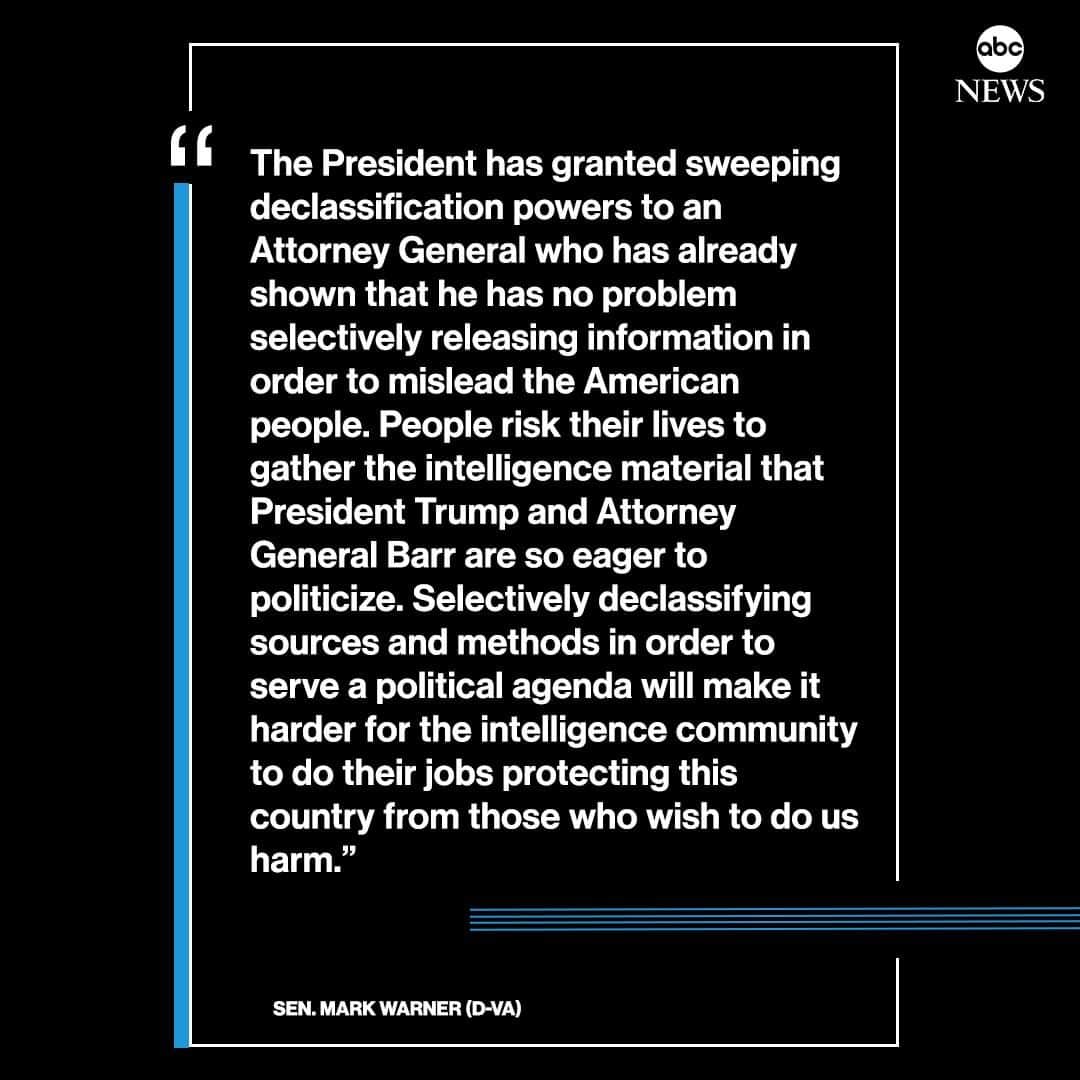 ABC Newsさんのインスタグラム写真 - (ABC NewsInstagram)「NEW: Senate Intelligence Vice Chair Mark Warner: "People risk their lives to gather the intelligence material that President Trump and Attorney General Barr are so eager to politicize." #donaldtrump #intelligence #markwarner #cia」5月25日 3時22分 - abcnews