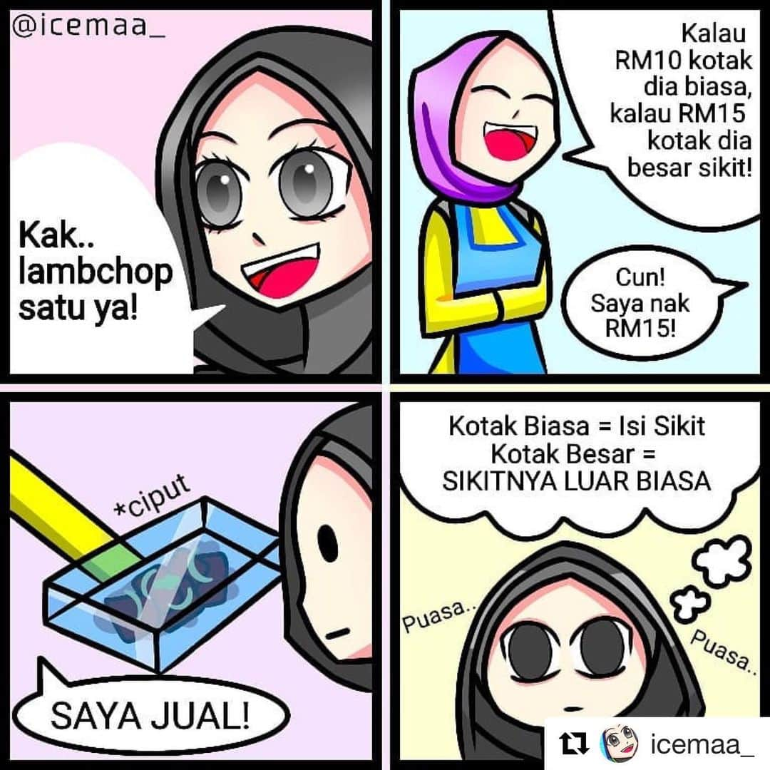 Koleksi Komik Malaysiaさんのインスタグラム写真 - (Koleksi Komik MalaysiaInstagram)「#Repost @icemaa_ with @get_repost ・・・ Pfft..Masa tu hari pertama ramadhan dan pasti juga hari pertama ke bazar..punya lah semangat nak lambchop ini yang kena HAHAHAHAHAHA😂😂😂 Tapi selain dari ni agak2nya ragam apa lagi eh bila pergi bazar? . . . . . . . . . . . . . . . . #komik #komiklawak #komikbiasa #komikpendek #komikmalaysia #gengkomikmalaysia #gengkomik #gengkomikdigital #lukisandigital #karakter #ramadhan #bazar #icemaa_oc 🤣🤣」5月25日 13時33分 - tokkmungg_exclusive