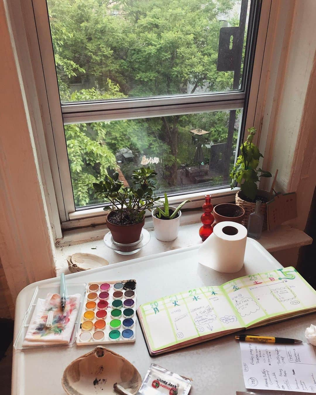 下條ユリさんのインスタグラム写真 - (下條ユリInstagram)「・ 最近の予定表手づくりキット (One of ) My current favorite portable watercolor kit.  I’ve been custom making my own planner w my own hand for many years. That’s my dispatch station home. Always on this moleskin watercolor sketch book. It’s time consuming but it’s beneficial for my energy shift with peaceful mental order. Enjoying NY early summer evening breeze from my back window.  Good BBQ charcoal smell.  I’m blessed with #my9thsanctuary Thank you God Universe ! ・  #Moleskin #moleskinWatercolorSketchbook  #watercolorpalette #horrorfilm  #memorialdayweekend2019 ・ ・ これは今のお手軽パレットセット。予定表は#モレスキン のwatercolor sketch book にずっとお手製。手作り予定表は手間がかかる代わりに、瞑想風に頭の整理ができてエネルギーをシフトさせてくれます。トイレットペーパーがあるのは鼻をかみ過ぎてティッシュが切れたせいです。新緑の夕べ。裏庭はメモリアルウィークエンド 裏庭から香ばしいBBQの炭のにおい。  神さま ここを与えてくださってありがとう #令和元年NYの夏  #NYおんぼろアパート」5月25日 10時14分 - yurishimojo