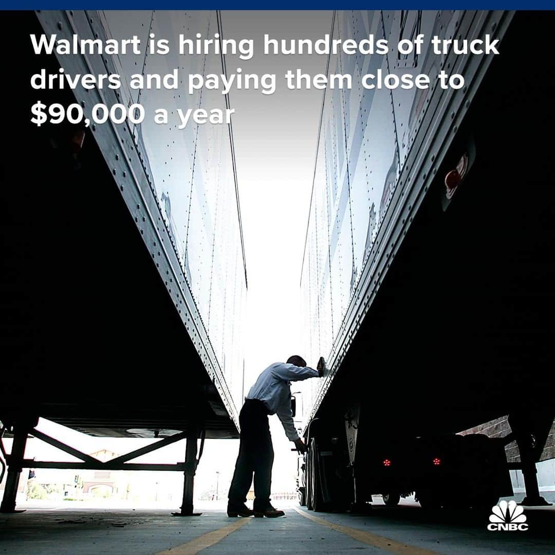 CNBCさんのインスタグラム写真 - (CNBCInstagram)「with @cnbcmakeit: Would 90k attract you to the job? Walmart hopes it will. In the face of a nationwide truck driver shortage, the retail giant upped the ante back in February by raising driver salaries to $87,500 a year, on average.⁣ ⁣ Walmart hired more than 1,400 new drivers last year. But roughly two-thirds of the nation’s freight is transported by truck, so the company needs another large batch of fresh drivers to keep it running.⁣ ⁣ Although the salary is tantalizing -- the ultra-low unemployment rate and the job’s challenging on-the-road lifestyle still makes it difficult to attract workers. The American Trucking Association estimates there are about 48,000 vacant trucking jobs.⁣ ⁣ You can read more, at the link in bio.⁣ ⁣ *⁣ *⁣ *⁣ *⁣ *⁣ *⁣ *⁣ *⁣ ⁣ #trucking #trucks #trucklife #truckdriver #walmart #jobs #employed #ontheroad #consumer #retail #money #paid #career #cnbc #cnbcmakeit⁣」5月25日 11時00分 - cnbc