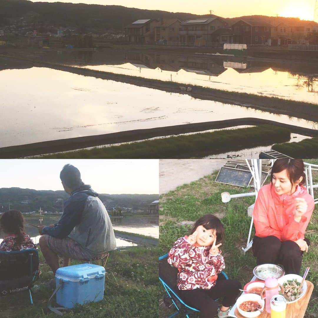 田中幸さんのインスタグラム写真 - (田中幸Instagram)「夕日が綺麗だから 田んぼで夕飯🌇🍽 #自給自足農家 #農業女子👩‍🌾 #見習い中 #明日は田植え #有機米 #浅間山と八ヶ岳に囲まれて育つ米」5月25日 12時01分 - sachitanaka