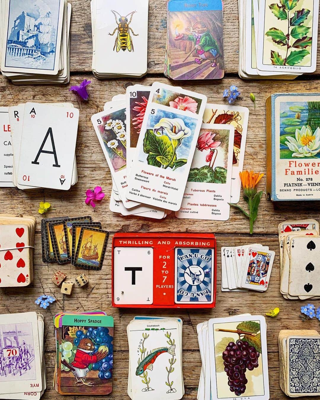 Tea and sittingのインスタグラム：「🌿🃏♦️...someone asked me in my Live yesterday if I would be making an arrangement of the vintage cards my old friend @theturksheadalcester sent me this week...so I did! If you look hard enough the numbers add up to over 500 and you can also discover the name I’d choose for my fantasy chocolate Labrador ✨ 😁 #vintageplayingcards #vintagecardgames」
