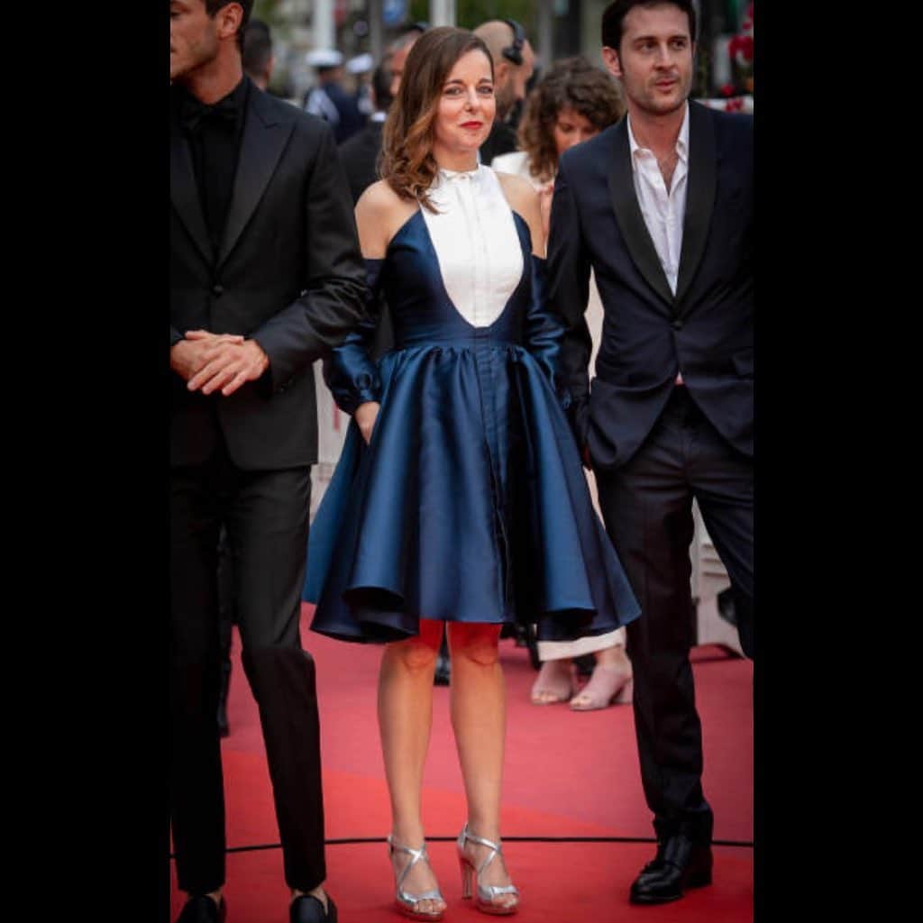のインスタグラム：「Laure Calamy mischievous on the red carpet for the screening of « Sybil » by Justine Triet she is wearing a corolla tux look dress @alexismabille @festivaldecannes #mischievous #laurecalamy #alexismabille #sybil #cannes2019 #tuxedo #navyblue #shortgown #frenchelegance #frenchactress #redcarpet」