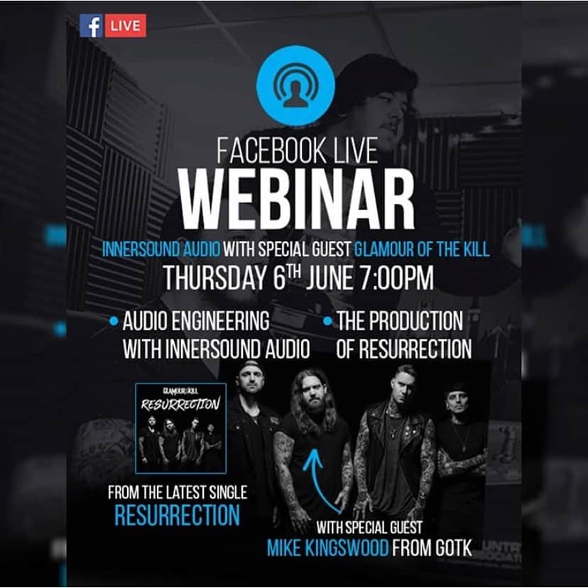 グラマー・オブ・ザ・キルのインスタグラム：「Our chief shredder @mikekingswood will be joining the fine gentlemen of @innersoundaudio to discuss the production of our latest single “Resurrection” and audio engineering with innersound audio. Facebook live. June 6th. 7:00pm GMT」