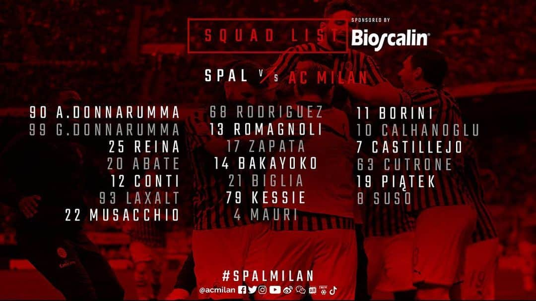 ACミランさんのインスタグラム写真 - (ACミランInstagram)「Here’s the 20-man squad called up for the final showdown of the Serie A season! 🔴⚫ Il Mister ha scelto i 20 rossoneri per #SPALMilan. Forza ragazzi! 🔴⚫」5月25日 20時58分 - acmilan