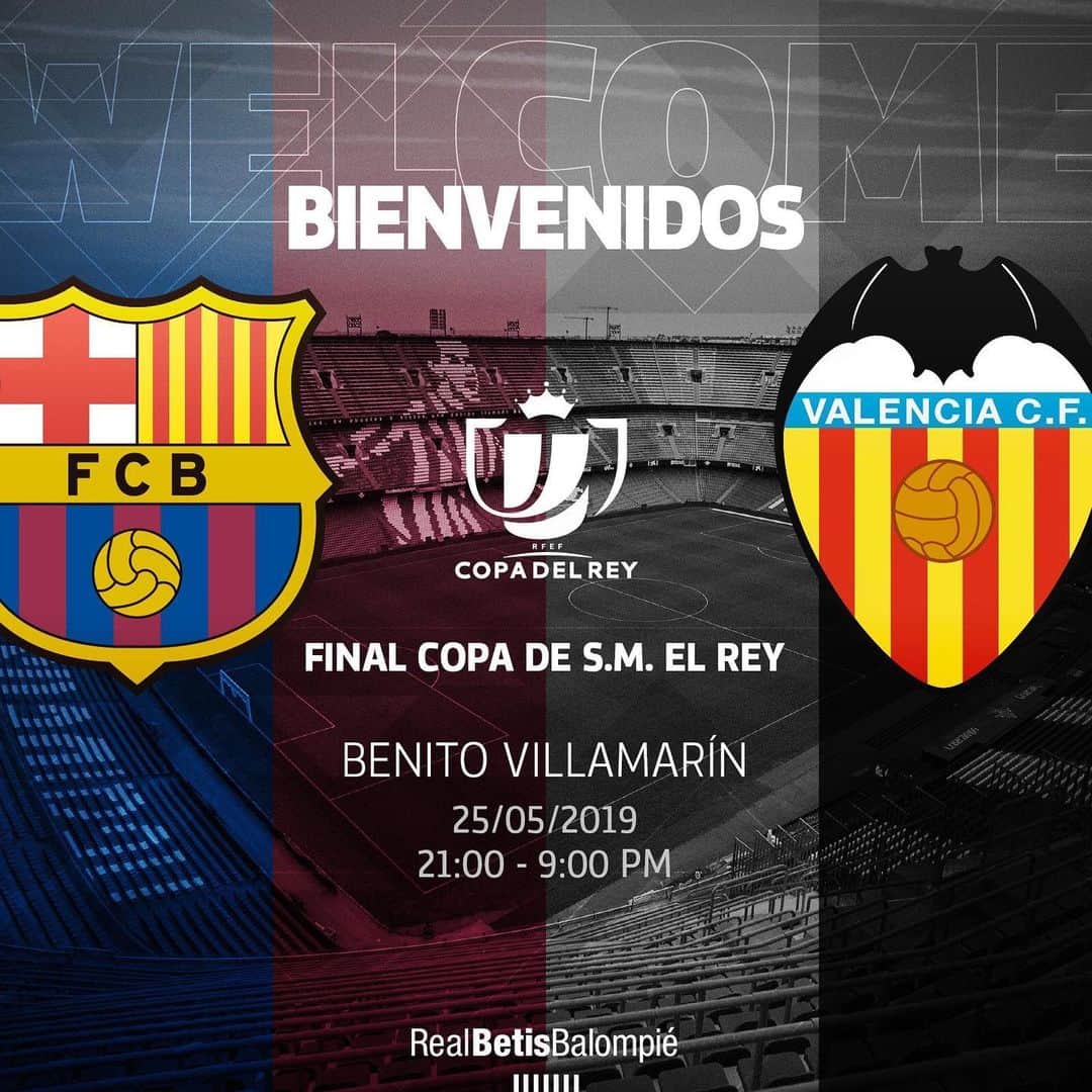 レアル・ベティスさんのインスタグラム写真 - (レアル・ベティスInstagram)「¡Bienvenidos al Benito Villamarín, @fcbarcelona y @valenciacf! 🤗🏟 ¡Que la final de la #CopaDelRey sea una fiesta y os enamoréis de la ciudad de Sevilla! 💞🏆 -- Welcome to Benito Villamarín Stadium, FC Barcelona y Valencia CF! 🤗🏟 Let's enjoy the final and fall in love with the city! 💞🏆」5月25日 22時43分 - realbetisbalompie