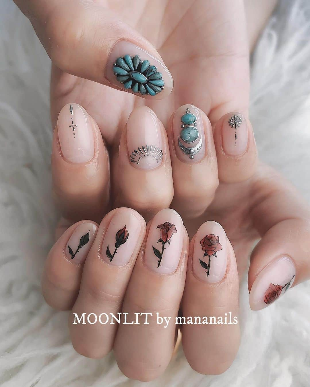 mananailsさんのインスタグラム写真 - (mananailsInstagram)「turquoise & rose🌹 ㅤ ☾120min design」5月26日 9時25分 - mananails