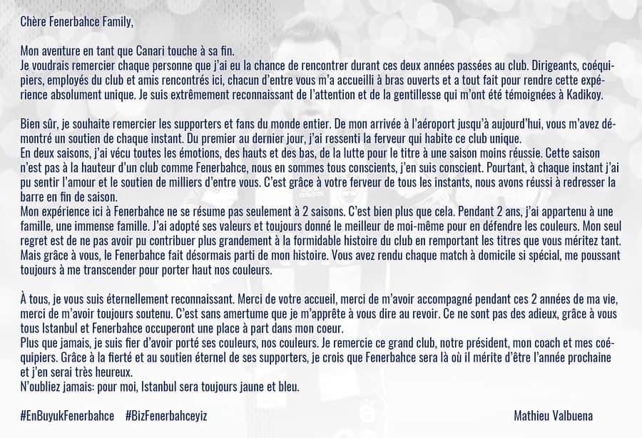 マテュー・ヴァルブエナさんのインスタグラム写真 - (マテュー・ヴァルブエナInstagram)「My Open Letter to the #Fenerbahce family 💛💙 #EnBuyukFenerbahce #BizFenerbahceyiz」5月26日 1時36分 - mv28_officiel