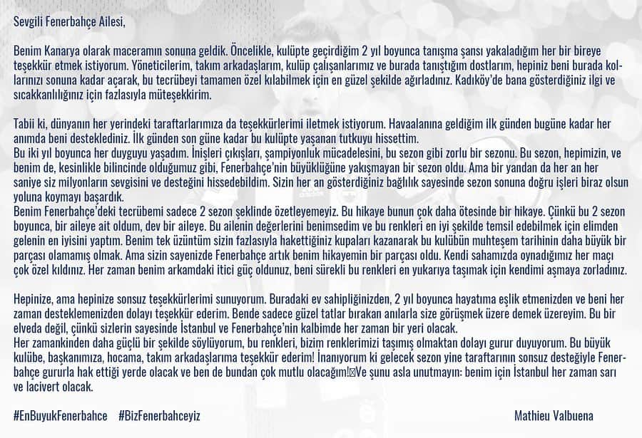 マテュー・ヴァルブエナさんのインスタグラム写真 - (マテュー・ヴァルブエナInstagram)「My Open Letter to the #Fenerbahce family 💛💙 #EnBuyukFenerbahce #BizFenerbahceyiz」5月26日 1時36分 - mv28_officiel