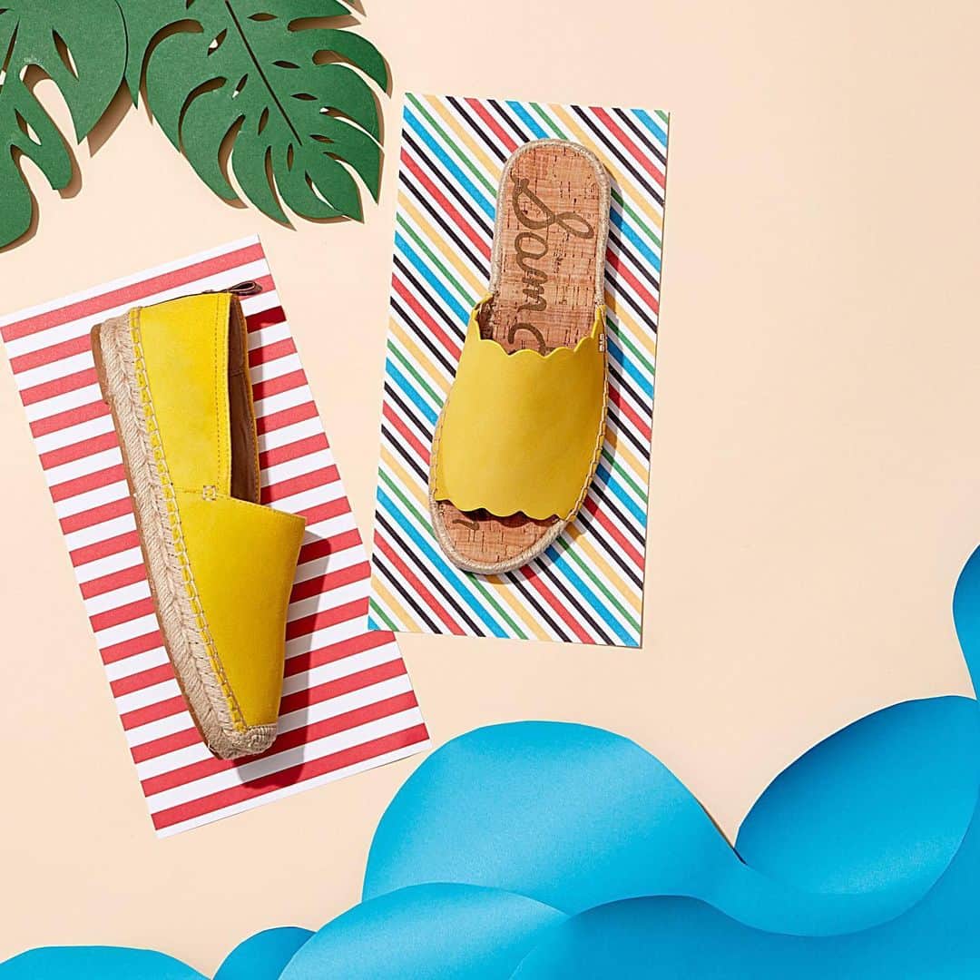 サムエデルマンのインスタグラム：「Hit the beach in our Andy slide and Khloe espadrille!」
