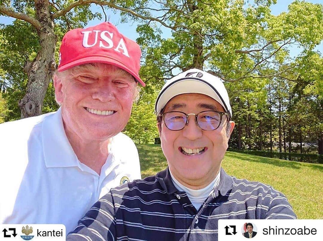 ドナルド・トランプさんのインスタグラム写真 - (ドナルド・トランプInstagram)「#Repost @shinzoabe ・・・ #repost @kantei 令和初の国賓としてお迎えしたトランプ大統領と千葉でゴルフです。新しい令和の時代も日米同盟をさらに揺るぎないものとしていきたいと考えています。 . #トランプ大統領 #来日 #令和 初の国賓 USA 👍 #POTUS #president #donaldtrump 🇺🇸 🤝 🇯🇵 #ゴルフ 中に一緒に#セルフィー  #selfie  #GOLF 🏌️‍♂️ #ゴルフコーデ #官邸自撮り部 明日から #日米首脳会談 #SummitMeeting」5月26日 13時57分 - realdonaldtrump