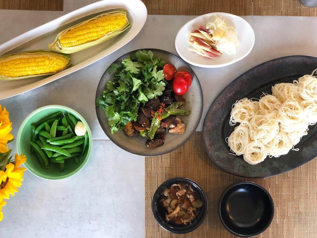 神崎恵さんのインスタグラム写真 - (神崎恵Instagram)「お昼ご飯。 午前中。三男とお花屋さんとスーパーに🚲いったら、すっかり暑くなってしまって素麺に🎐 具沢山のつゆとシンプルなつゆ、2種類で。薬味と柚子の香りがまた涼しげ🍧 #おひるごはん」5月26日 14時33分 - megumi_kanzaki