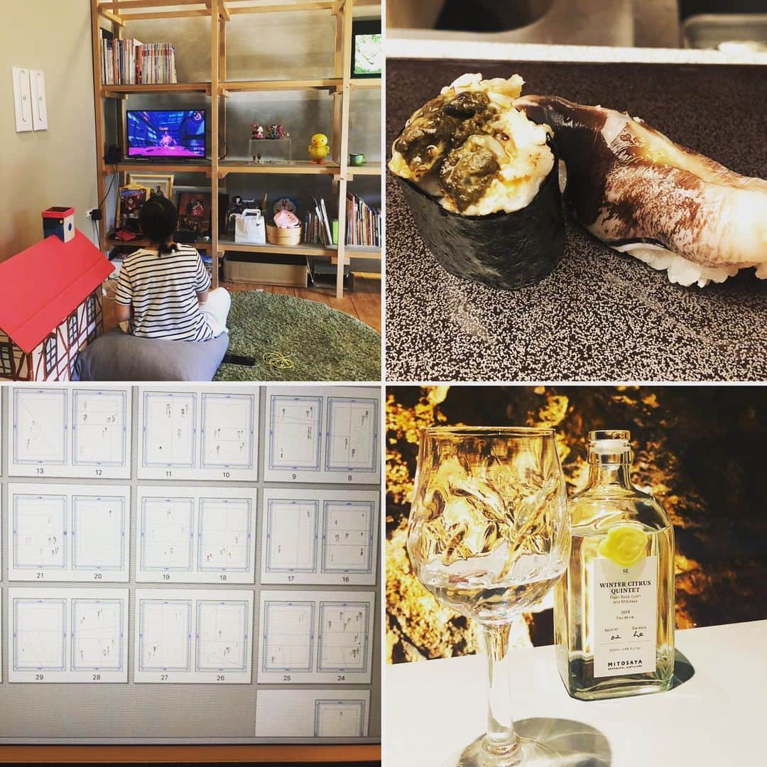 ひうらさとるのインスタグラム：「今日は朝から家族で部屋の大掃除、懸念の件を色々片付け&買い物。 昼はそろそろ最後の生とり貝目当てにお鮨を食べ、また片付けしつつ夕方の数時間超集中して晩御飯までにネームアップ。 夜は友達が作ったブランデーでゆっくり晩酌という年に数回あるかないかの充実の休日だった…。 ええ夢見れそう…。」