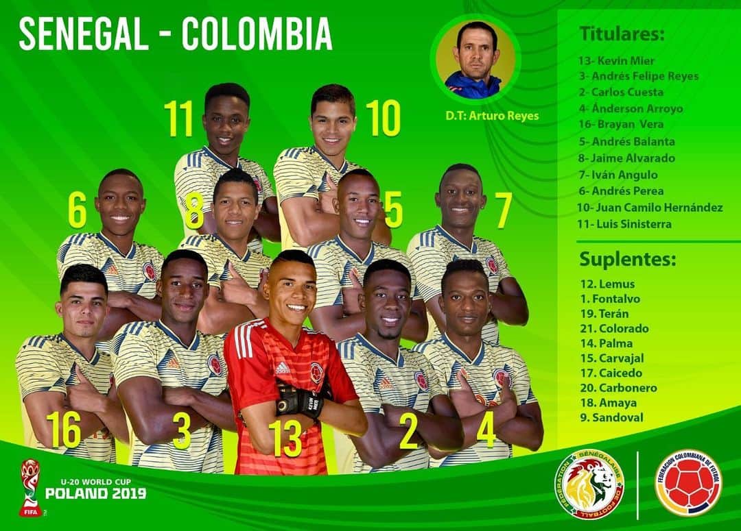 サッカー コロンビア代表チームのインスタグラム：「‪EL 11 TITULAR:‬ ‪Así formará la Selección Colombia Masculina Sub-20 para el segundo reto de la Copa Mundial de la FIFA Polonia 2019. 👊🏼🇨🇴⚽️‬ ‪#COLSEN #U20WC #MundialSub20 #VamosColombia ‬」