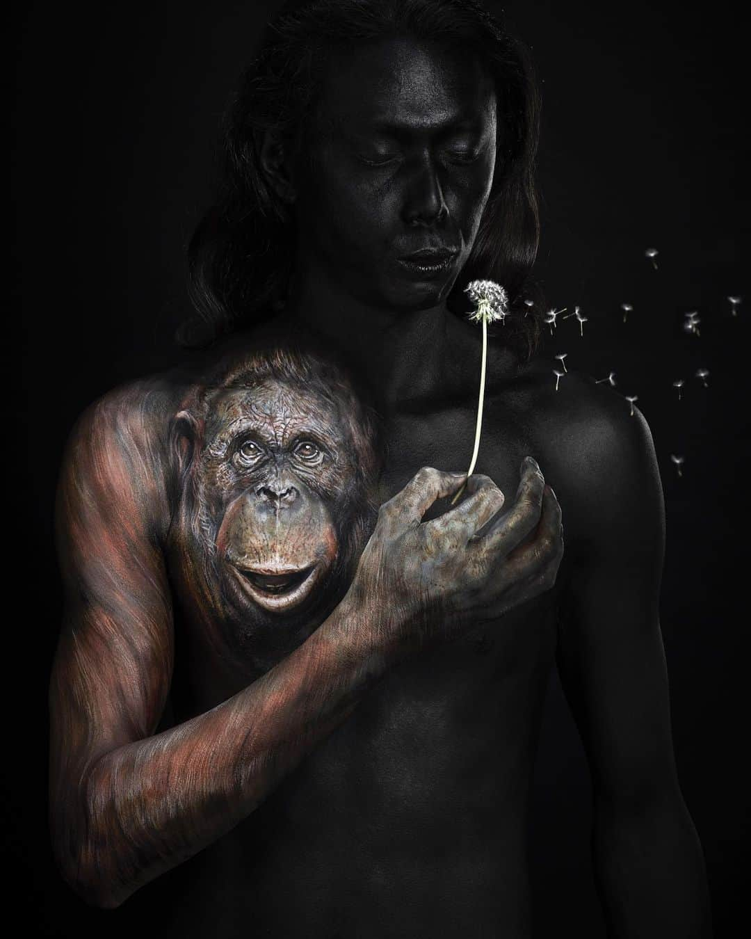 Amazing JIROさんのインスタグラム写真 - (Amazing JIROInstagram)「"As One - The series of figurative animal art: Orangutan -" The first artwork for my new project, "Animal Series" is an orangutan, which I painted on the male model's chest.  Hope you enjoy this art to details and cute orangutan will make you smile :) Body paint : #amazing_jiro Model : U Okazaki @u_okazaki Photo : Youhei Kodama @kodamax_photo  #bodypaint #painting #orangutan #animals #art #illusionmakeup #creativemakeup #airbrush #dandelion #seedhead #ボディペイント #ペイント #オランウータン #動物 #アート #たんぽぽ #綿毛 #kryolan #makeupforever #wolfefx #mehron #skinillustrator」5月27日 0時22分 - amazing_jiro