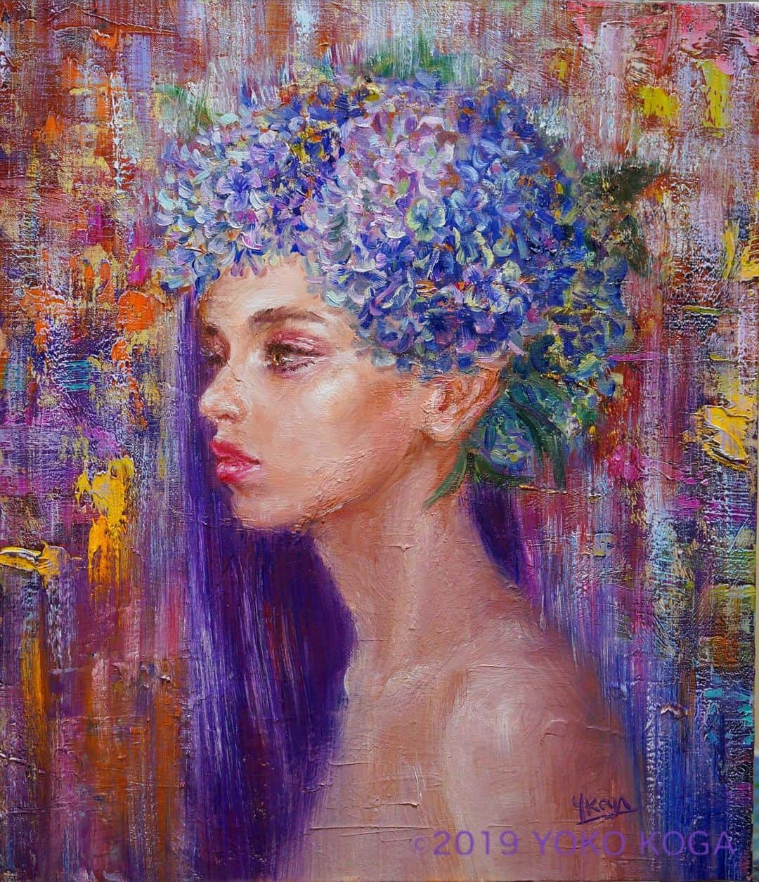 古賀陽子のインスタグラム：「“The  Hydrangea” 2019, oil on canvas, 53.0cm×45.5cm "紫陽花" F10号 個展 展示予定 , 🔜 古賀陽子 洋画展 ・5月29日(水)〜6月4日(火) ・@大丸 心斎橋店 北館12F 美術画廊 ・10時〜20時半(最終日は17時まで) ・作家在廊: 11時〜17時  #人物画 #肖像画 #portrait #アート #絵 #gallery #ギャラリー #画家 #artist #painter #portraitartist #painting #art #artwork #油絵 #oilpainting #artstagram #artistoninstagram #instapainting #instajapan #instaart #instaartist #古賀陽子 #yokokoga #exhibition #exhibit #大阪 #個展 #アート好きな人と繋がりたい #ギャラリー巡り」