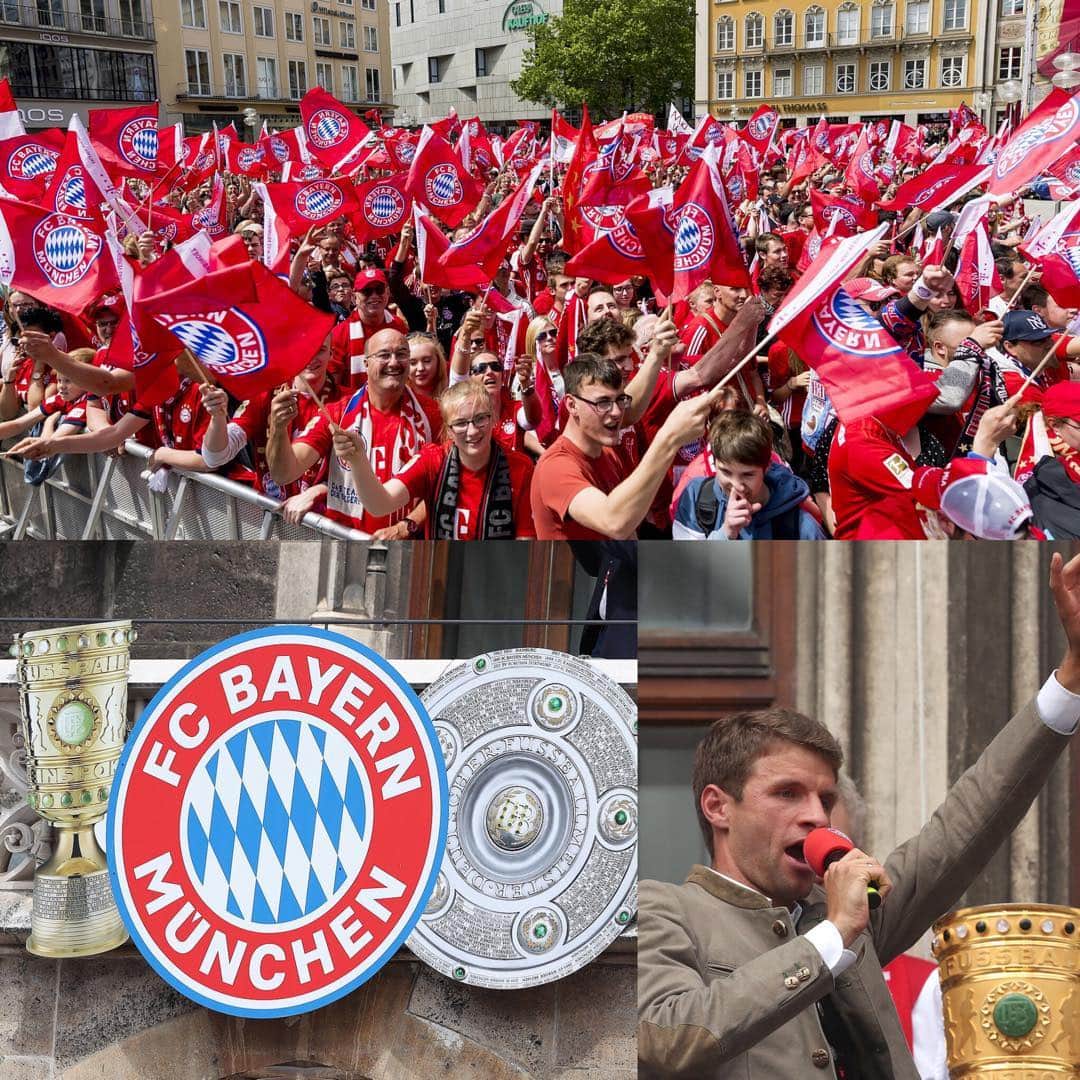 トーマス・ミュラーのインスタグラム：「Yesterday we had the fanparty at the Marienplatz. Today we will play for the good cause in Kaiserslautern ⚽️👍🏼 #fcbayern #miasandoublesieger #esmuellert #miasanmia #fcb #thomasmüller」