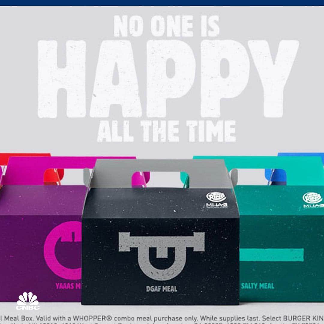 CNBCさんのインスタグラム写真 - (CNBCInstagram)「Sometimes, a Happy Meal just doesn't fit your mood.⁣ ⁣⠀ No one is happy all the time. Burger King is trying to communicate that message through a lineup of burger meals focused on “real” moods to help raise awareness about mental health.⁣⠀ ⁣⠀ Timed to Mental Health Awareness Month in May, the “Real Meals” include the Blue Meal, Salty Meal, Yaaas Meal and DGAF Meal. To see the meals, swipe left.⁣⠀ ⁣⠀ This isn’t the first time Burger King has teased McDonald’s.  To read more, visit the link in bio.⁣⠀ *⁣⠀ *⁣⠀ *⁣⠀ *⁣⠀ *⁣⠀ *⁣⠀ *⁣⠀ *⁣⠀ #burgerking #mcdonalds #fastfood #happymeal #mentalhealth #mentalhealthawareness #food #business #businessnews #cnbc⁣⠀」5月4日 6時03分 - cnbc