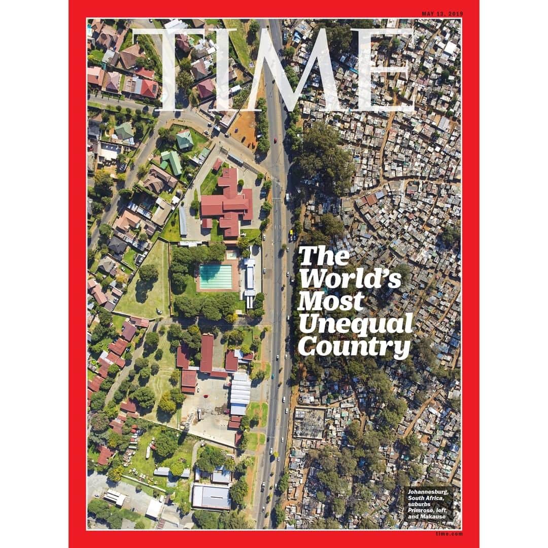 TIME Magazineさんのインスタグラム写真 - (TIME MagazineInstagram)「On May 8, South Africans are due to vote in the sixth national elections since the fall of apartheid. The African National Congress, the liberation party once led by #NelsonMandela that has ruled since 1994, is expected to return to power. But a quarter-century after Mandela called for the state to be fundamentally reshaped to address the inequalities of apartheid, the world’s most egregious racial divide has turned into its most extreme economic disparity. The World Bank last year deemed #SouthAfrica the world’s most unequal society, estimating that the top 10% owned 70% of the nation’s assets in 2015. And the split is still largely along racial lines. For the past several decades, #inequality has been on the rise in developed and developing countries alike. But in an age of widening divides between rich and poor, South Africa stands out because of its squandered hopes. Mandela’s rainbow nation was supposed to show the world how a new, equitable society could be built out of the ashes of repression and racism, @arynebaker writes in this week's International cover story. But by some measures, inequality in the country today is worse than it was under apartheid. In this photograph: Johannesburg suburbs Primrose (left) and Makause. Read more at the link in bio. Photograph by Johnny Miller (@millefotosa)」5月3日 21時40分 - time