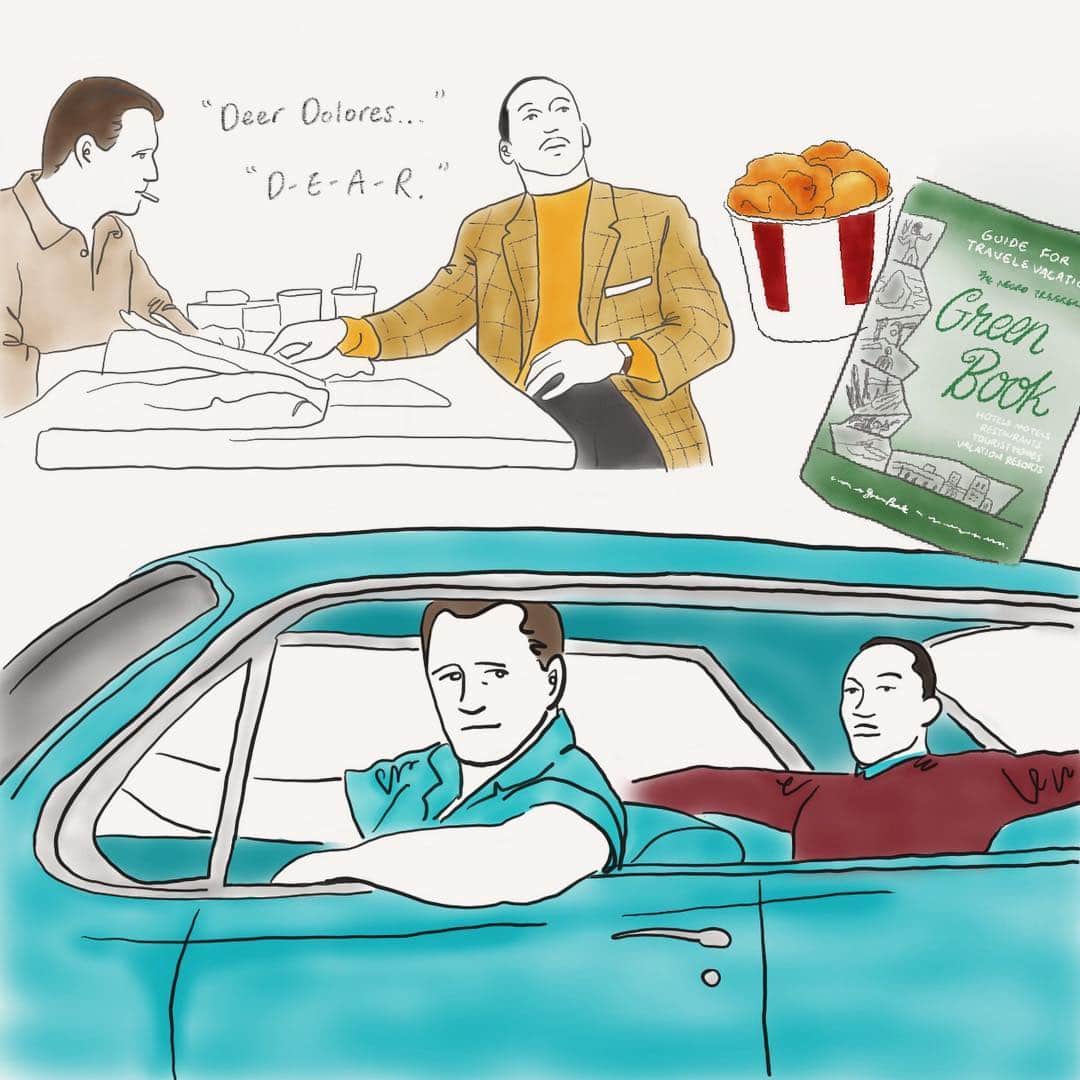 のインスタグラム：「Green Book 🚙📗🍗 グリーンブックを鑑賞後、ケンタッキーを食べるなどして最高なGWを過ごしています。 はあ、いい映画だったな。 ほんとうにいい映画だったな。 #theatredemina  Illusted by Mina」