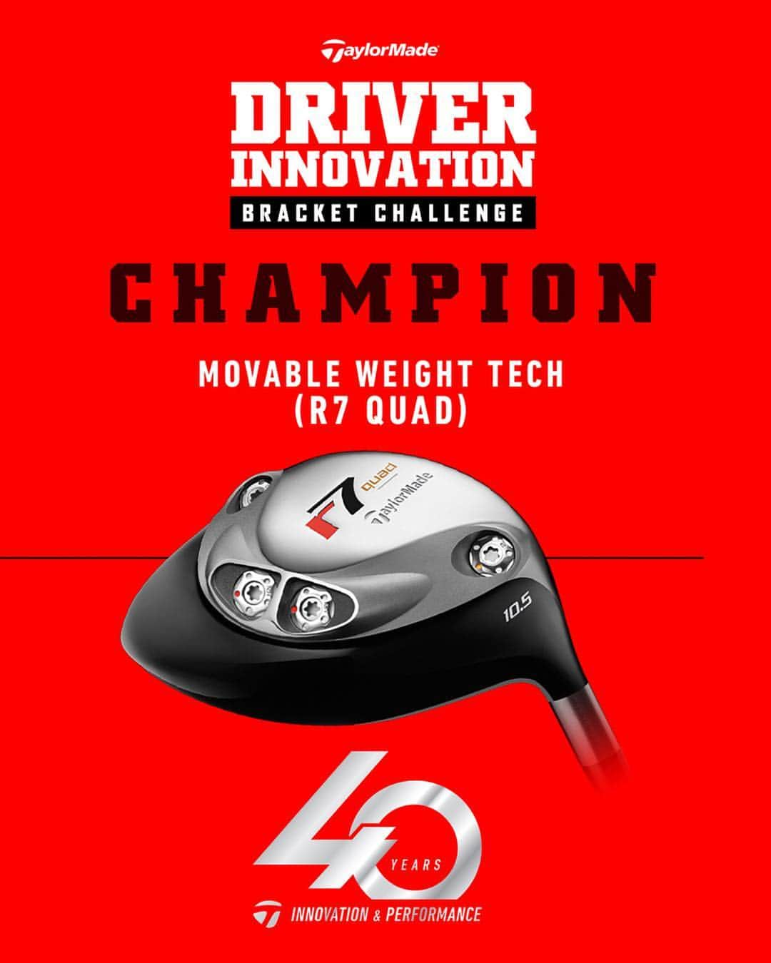 テーラーメイド ゴルフさんのインスタグラム写真 - (テーラーメイド ゴルフInstagram)「The fans have spoken! Moveable Weight Technology is the winner of the #TaylorMade40 Driver Innovation Bracket Challenge! The game-changing tech debuted in R7 Quad in 2004, allowing golfers to customize their driver to fit their swing for the first time. Hit the link in our bio to learn more about our 40-year history.」5月4日 1時47分 - taylormadegolf