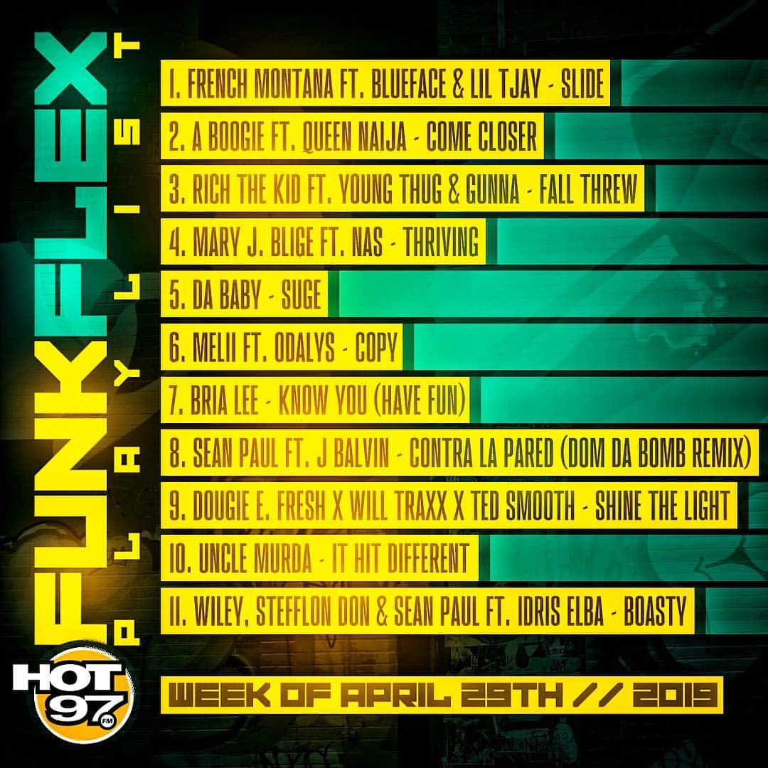 ファンクマスター・フレックスのインスタグラム：「1@FrenchMontana ft. @bluefacebleedem & @liltjay - Slide (Prod. by #Ashton+ #MIXX + #FrenchMontana [ @salxco + @cashxo ]  2 @artisthbtl  ft. @queennaija - Come Closer (Prod. by @hitmaka + @skipondabeat ) [ @qp_hbtl + @babydubai_hbtl + @emm.six ) 3 @RichTheKid ft. @ThuggerThugger1 & @Gunna - Fall Threw (Prod. by @wheezyx5 + #Nils ) 4 @therealmaryjblige ft. @Nas - Thriving 5 @DaBaby - Suge (Prod. by @poohbeatz313 + @jetsonmade ) 6 @Melii ft. @odalys_ny - Copy (Prod. by @odalys_ny + @velocitymusicinc ) 7  @iambrialee - Know You (Have Fun) 8 @duttypaul ft. @JBalvin - Contra la pared (Prod. by @tainy ) ( @iamdomdabomb Remix) 9 @therealdougefresh x @traxxwill  x  @tedsmooth - Shine The Light 10 @unclemurda - It Hit Different (Prod. by @greatjohnmusic ) 11 @wiley__ , @StefflonDon & @duttypaul ft. @IdrisElba - Boasty (Prod. #ThomasMackenzieBell ) @wilmajor」