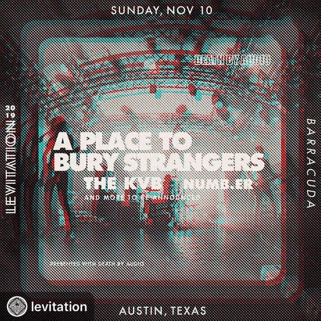 A Place to Bury Strangersのインスタグラム：「#Repost @levitation ・・・ SUN night at #LEVITATION2019! A Place To Bury Strangers with @thekvb, @numb.la + full lineup to be announced on two stages at @barracuda611east7th, presented with @deathbyaudioeffects! . Tickets & info: levitation-austin.com/tickets/ . NYC noise rock trio @APTBS make combine classic shoegaze, cold wave, experimental sounds into a blinding wall of sound, with dual vocals from guitarist Oliver Ackerman & drummer Lia Braswell, and ripping bass from Dion Lunadon, all drenched in massive guitar effects and texture coming out of custom built pedals and gear. It's Total Sonic Annihilation, in the best way possible. London duo The KVB (making their first U.S. appearance) and LA's Numb.er join in, with more to be announced on those two stage show! Presented with @deathbyaudioeffects (Ackerman’s cutting edge, hand-built guitar pedal company).」