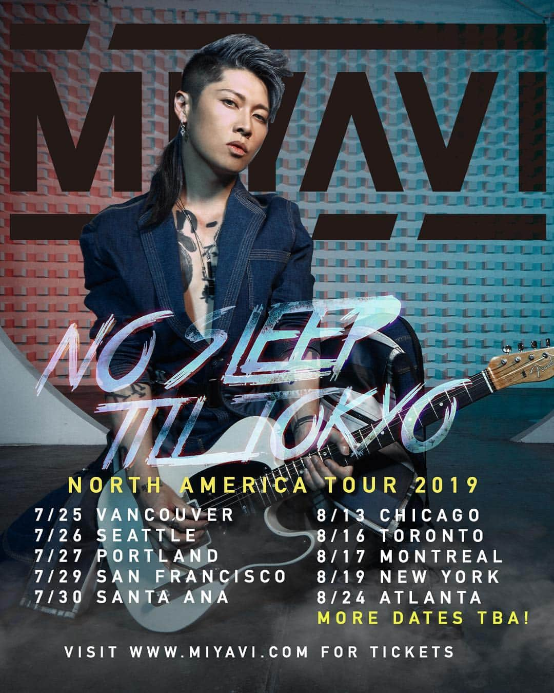 MIYAVI（石原貴雅）さんのインスタグラム写真 - (MIYAVI（石原貴雅）Instagram)「@miyavi_ishihara returns to North America with 10 new tour dates in support of his new solo album NO SLEEP TILL TOKYO. General Admission and VIP tickets on sale Wednesday, May 8, 2019 (U.S. time) with all ticketing links found at www.miyavi.com.  Full list of dates and venues:  7/25 - Vancouver | Vogue 7/26 - Seattle | Neptune’s 7/27 - Portland | Crystal Ballroom 7/29 - San Francisco | Slim’s 7/30 - Santa Ana | Observatory 8/13 - Chicago | House of Blues 8/16 - Toronto | Queen Elizabeth Theatre 8/17 - Montreal | Otakuthon Festival 8/19 - New York | Sony Music Hall  8/24 - Atlanta | The Masquerade  With more cites/dates to be added!  #miyavi #NoSleepTillTokyo #NSTT #Tour #Live #NorthAmerica #USA #CANADA #Vancouver #Seattle #Portland #SanFrancisco  #SantaAna #Chicago #Toronto #Montreal #NewYork #Atlanta」5月4日 8時42分 - miyavi_staff