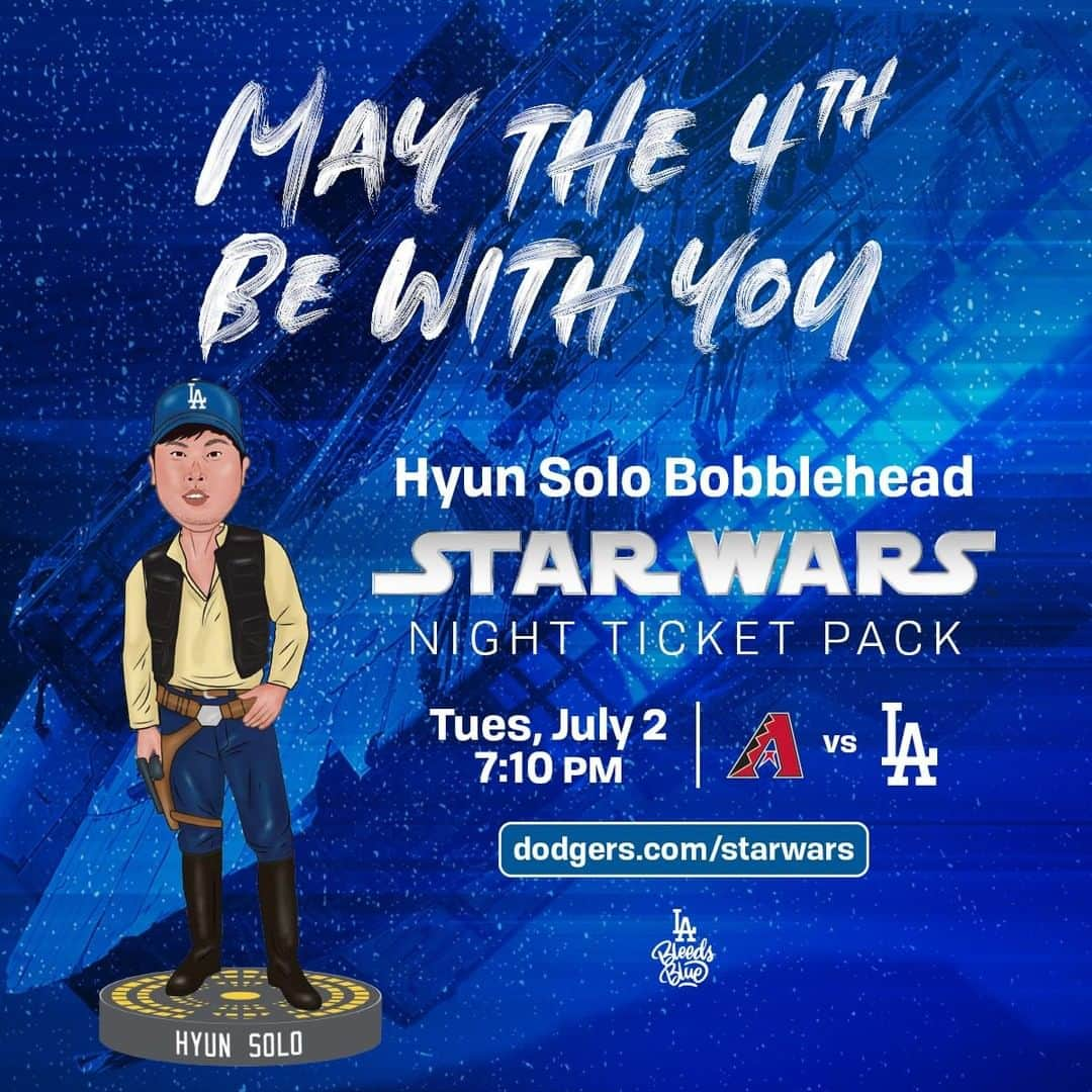 Los Angeles Dodgersさんのインスタグラム写真 - (Los Angeles DodgersInstagram)「May the 4th be with Ryu.  Join us for @starwars Night at Dodger Stadium on July 2! Purchase a special ticket pack and get this Hyun Solo Bobblehead. Get your tickets now at Dodgers.com/starwars. #StarWarsDay」5月5日 1時00分 - dodgers