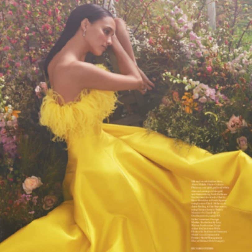 アレクシマビーユのインスタグラム：「Cora Emmanuel by @richardphibbs wearing my yellow feathers corset dress @bazaaruk styled by @mirandaalmond thanks for this bloomy editorial @coraemmanuel @alexismabille #garden #yellow #featherdress #colorful #coraemmanuel #richardphibbs #mirandaalmond #harpersbazaar #alexismabille #alexismabillehautecouture」
