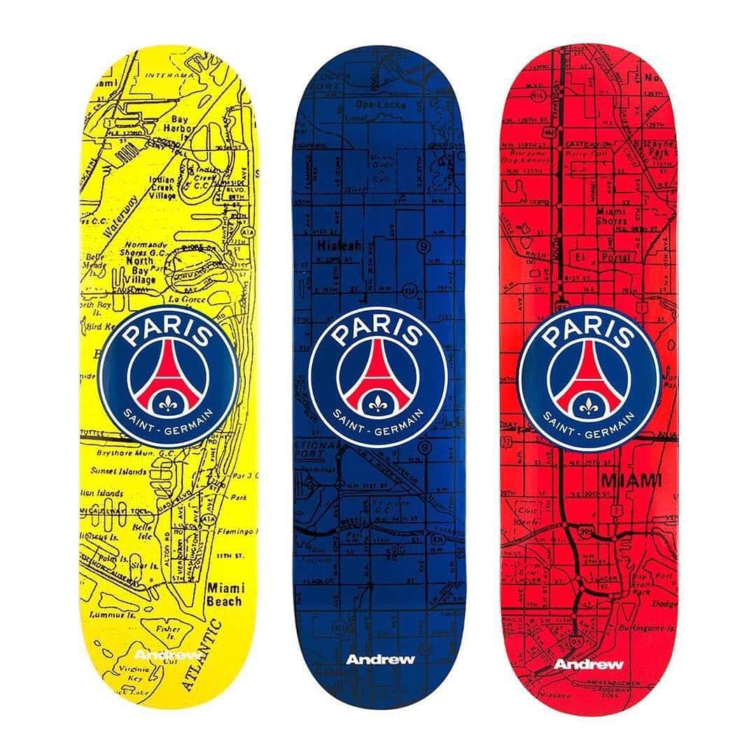 HYPEBEASTさんのインスタグラム写真 - (HYPEBEASTInstagram)「@hypebeastsports: @psg have teamed up with Miami-based retailer @andrewdowntown on a triad of limited edition skate decks. Each option features a map of Miami with PSG’s team badge spotlighted in the center and Andrew’s logo placed at the bottom. Head on over to PSG’s official site to purchase one now for €100 EUR (approximately $112 USD) each. Photo: Paris Saint-Germain」5月4日 17時38分 - hypebeast