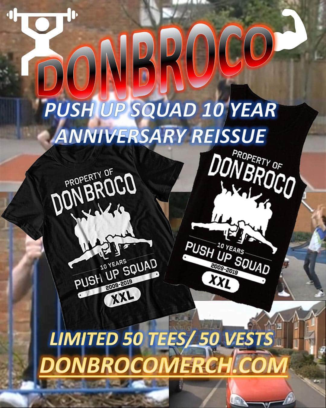 Don Brocoさんのインスタグラム写真 - (Don BrocoInstagram)「To celebrate the 10 years (mental!!!) of our debut tune Thug Workout & it’s sick high budget video we’re putting up a v. limited number of these anniversary tees & vests at donbrocomerch.com available this weekend only 💪💪💪」5月4日 18時09分 - donbroco