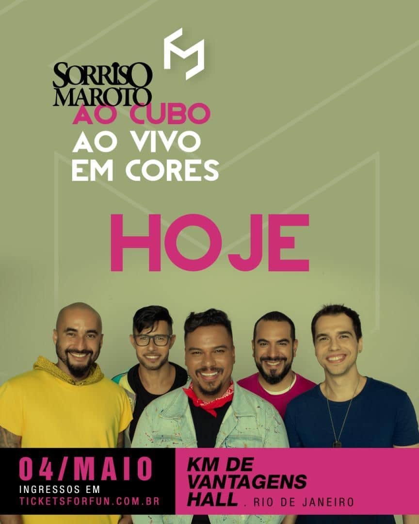 Sorriso Marotoのインスタグラム：「É HOJEEEEE, Riooooooo! 😃 Logo mais o #KmdeVantagensHall vai ficar pequeno pra festa que nós vamos fazer junto com vocês no show de lançamento da nova turnê #AoCuboAoVivoEmCores! E já #FicaDica: tragam a disposição no bolso porque serão mais de 2 horas de música, hein! É pra sair de lá rouco e com pé doendo de tanto dançar! 😂 Estamos esperando vocês! 👊🏽」