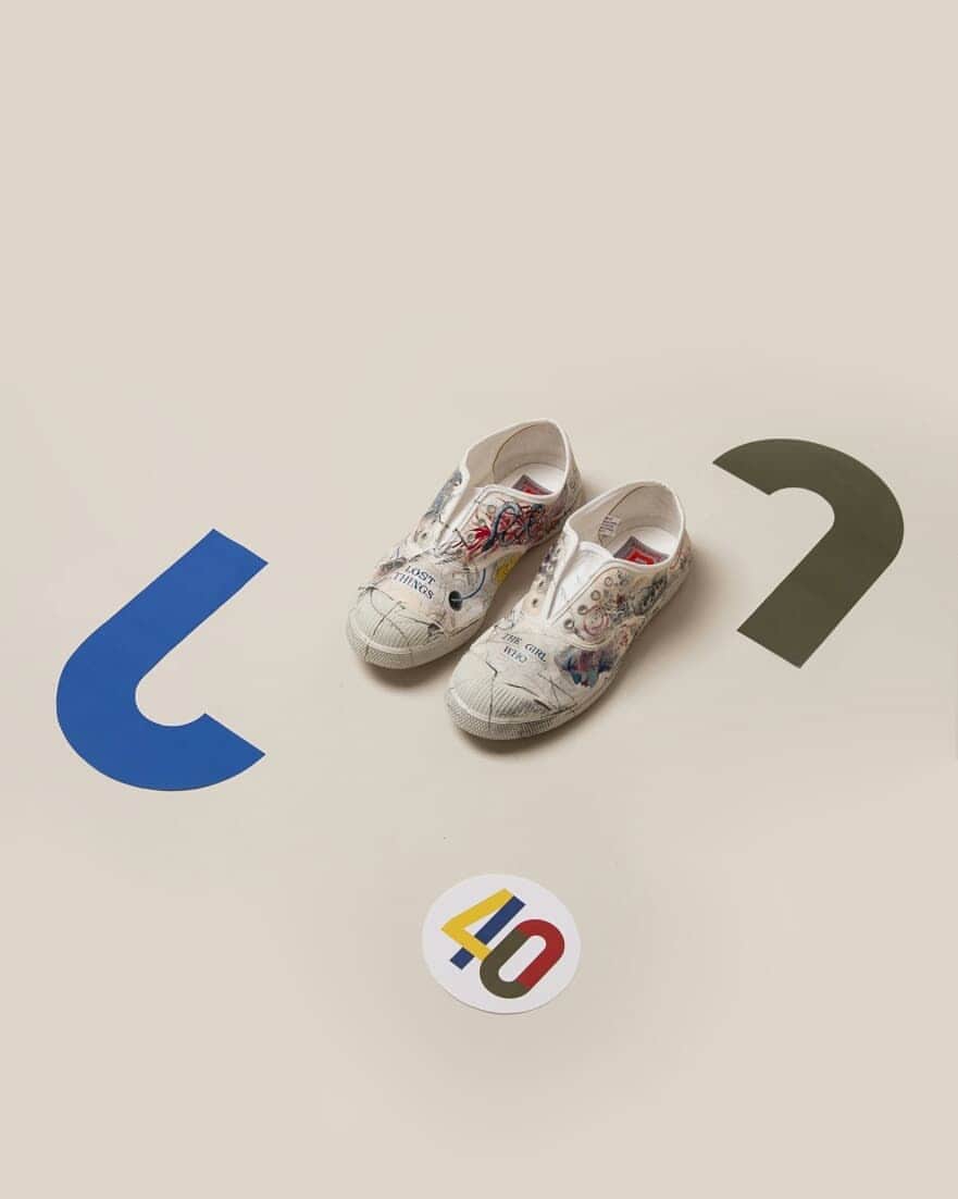 ベンシモンのインスタグラム：「- The girl who lost things - Bensimon by @marynn_marynn Pour cette tennis, Marynn nous fait voyager à travers la vie d'une femme et son imaginaire. Cette accumulation de symboles est travaillée avec de la peinture à l'huile et de l'acrylique. 🇬🇧 For this tennis shoe,  Marynn bringd us into a woman life's journey into her imaginery. This accumulation of symbols is worked with oil paint and acrylic. #bensimon40 #bensimonanniversary」
