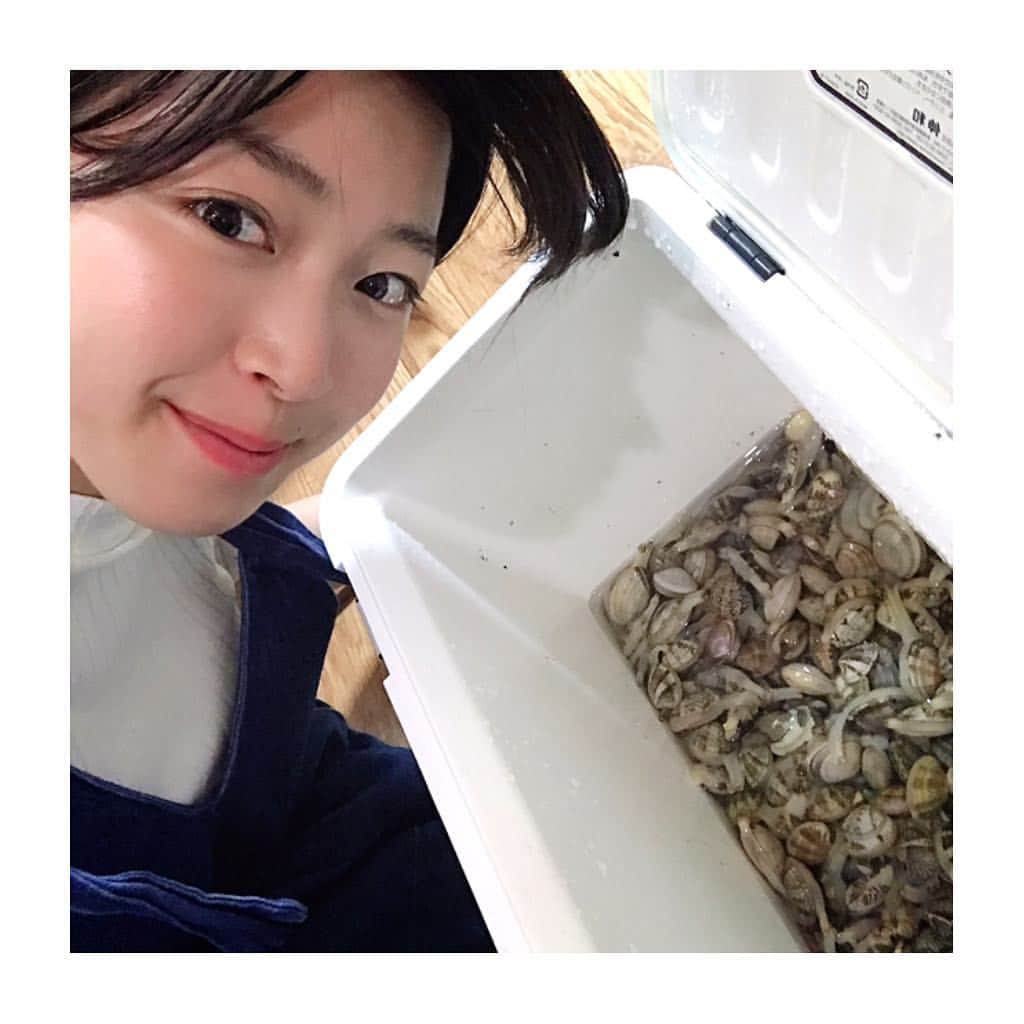 寺島咲のインスタグラム：「潮干狩りに行ってきました！今年はアサリが沢山とれた(^^)暗くしてたらにょろにょろ出てきて水をピューっと出しててなんかかわいい（笑） #潮干狩り#アサリ#ハマグリ#千葉#筋肉痛#ゴールデンウィーク」