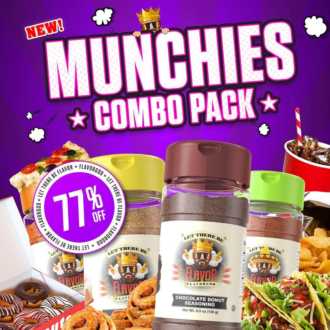 Flavorgod Seasoningsさんのインスタグラム写真 - (Flavorgod SeasoningsInstagram)「NEW Munchies Combo Pack! 😬😬 - Limited Time Only!⁣⠀ .⁣⠀ Satisfy your hunger with 4x of the most popular speciality flavors, all in one combo pack! ⁣⠀ .⁣⠀ Whats included:⁣⠀ 🍕 Pizza⁣⠀ 🌮 Taco Tuesday⁣⠀ 🍯 Buttery Cinnamon Roll ⁣⠀ 🍩 Chocolate Donut⁣⠀ .⁣⠀ 😬All Zero Calories per serving!⁣⠀ ✅FREE SHIPPING on $50+ ⁣⠀ ✅FREE GIFTS AT CHECKOUT⁣⠀ ✅FREE MYSTERY SEASONING $75+⁣⠀ ✅FRESH MADE SEASONINGS⁣⠀ ✅MANY DELICIOUS FLAVORS TO CHOOSE FROM⁣⠀ ✅MADE LOCALLY⁣」5月5日 2時07分 - flavorgod