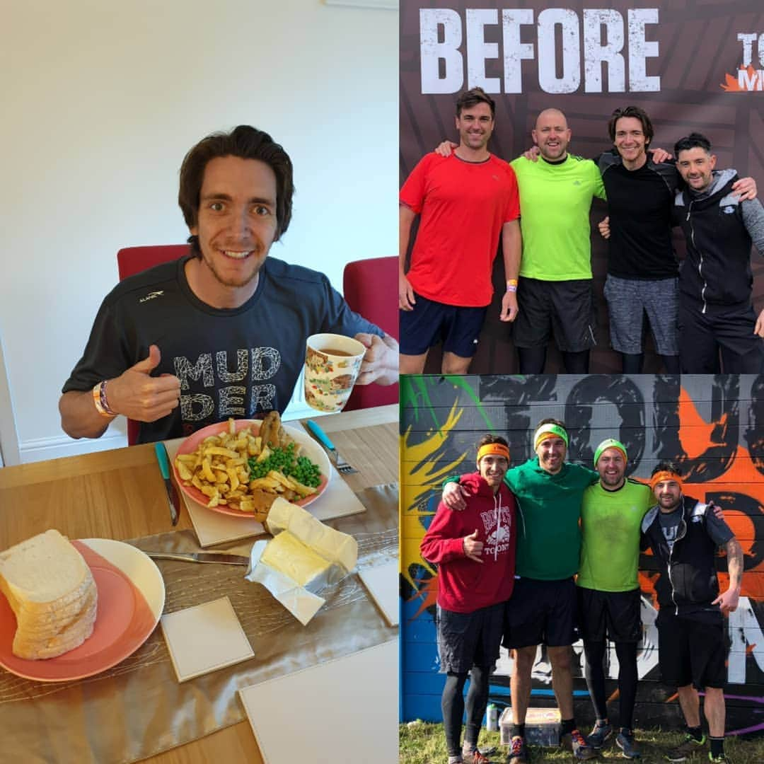 ジェームズ・フェルプスさんのインスタグラム写真 - (ジェームズ・フェルプスInstagram)「Spent the day with some good friends in 8-10 miles of mud... First Tough Mudder done. Loved it, but bloody hell was it cold! To celebrate- Fish & Chips with cup of tea and 3 rounds of Chip Butties! #beforeandafter #toughmudder #hardestwayisthemostfun #fiftydaycheatmeal #yesthatisahedgehogmug  #hashtagforthemudofit」5月5日 4時52分 - jamesphelps_pictures