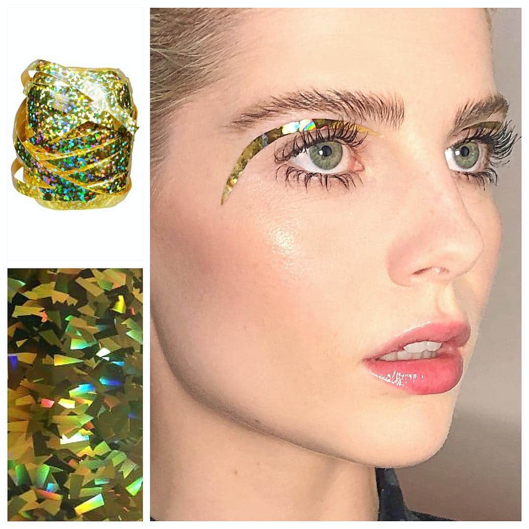 JO BAKERさんのインスタグラム写真 - (JO BAKERInstagram)「L U C Y • B O Y N T O N 🇬🇧 Prisms for Prada.... Hologram heaven.... slice it right and stick it on!! #lucyboynton thank you for rolling with my random, make it up as I go along ideas!!! Style @leithclark  Hair @jennychohair  Makeup #jobakermakeupartist using gold stuff and lash glue @duoadhesive !! #gold #hologram #zazzle #futuristic #eyeliner #giftwrap swipe...to see this look in action!! ⚡️」5月5日 8時40分 - missjobaker