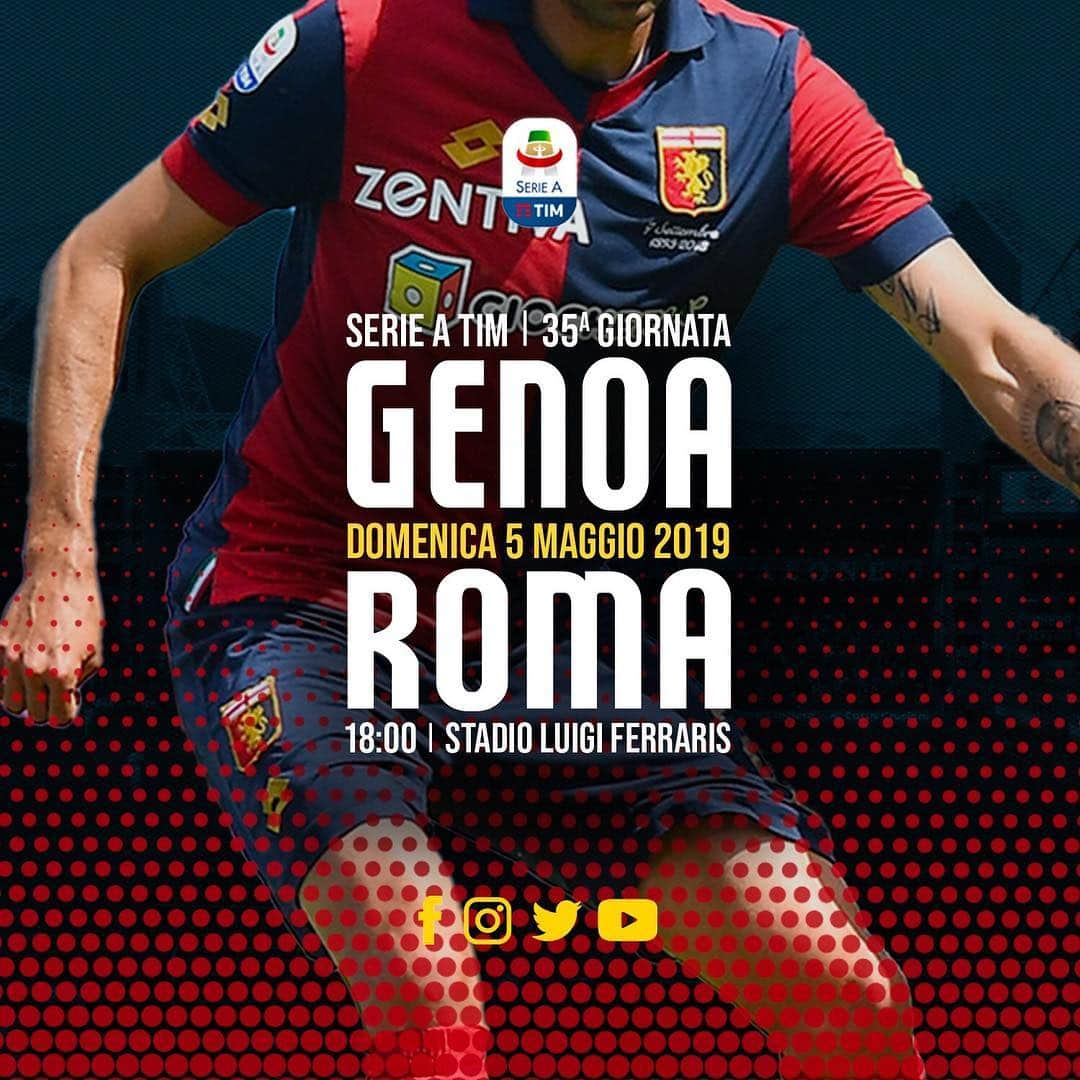 ジェノアCFCさんのインスタグラム写真 - (ジェノアCFCInstagram)「👊 MATCH DAY! 🏆 Lega Serie A 🆚 AS Roma 🗓️ Domenica 5 maggio ⏲️ Ore 18:00 🏟️ Stadio Luigi Ferraris 📲 Segui la partita sui nostri canali social ➡️ #GenoaRoma 🔴🔵 #ForzaGenoa」5月5日 16時06分 - genoacfc